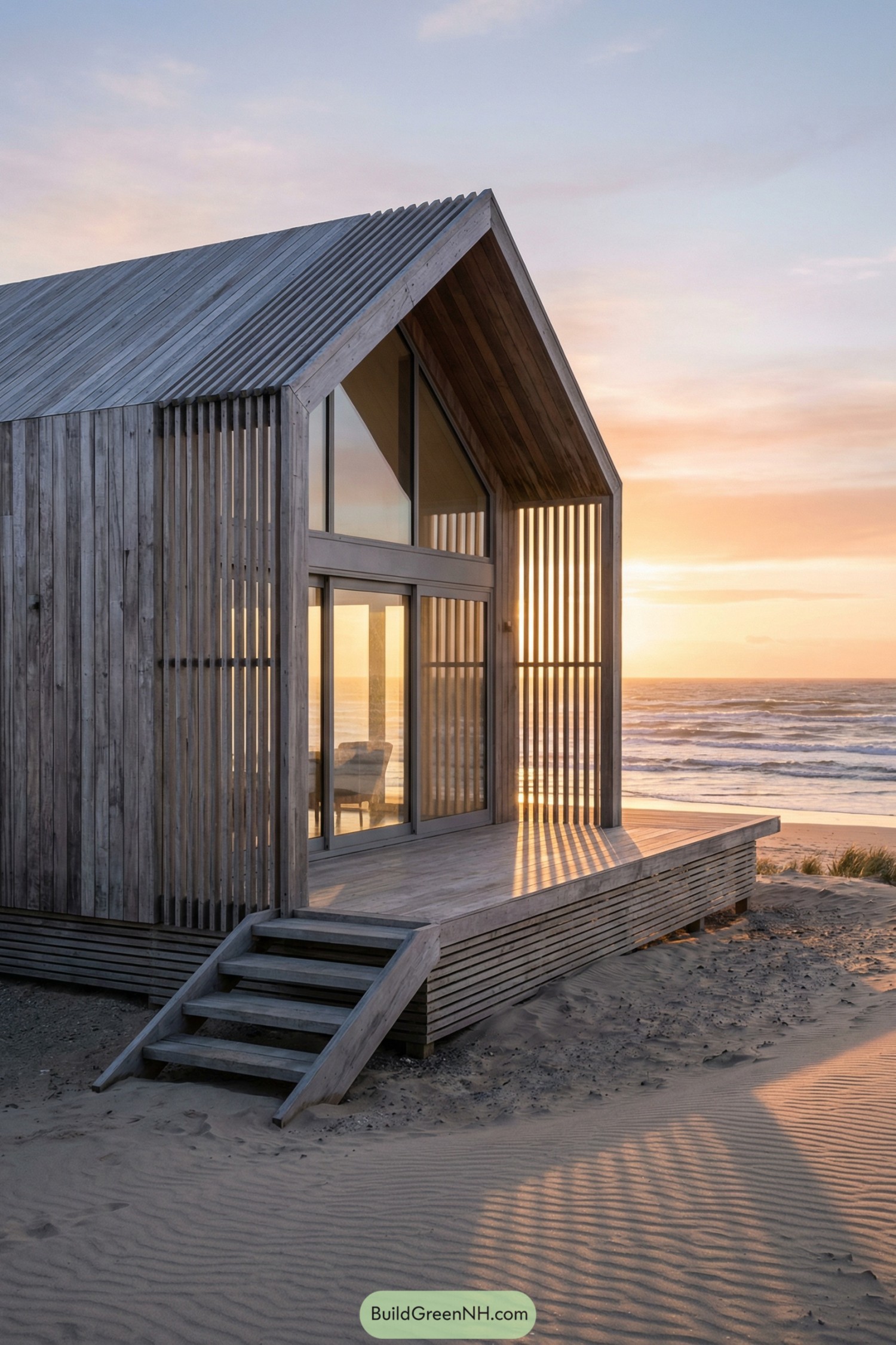 Compact timber beach cabin with full-height glass facing sunset ocean views