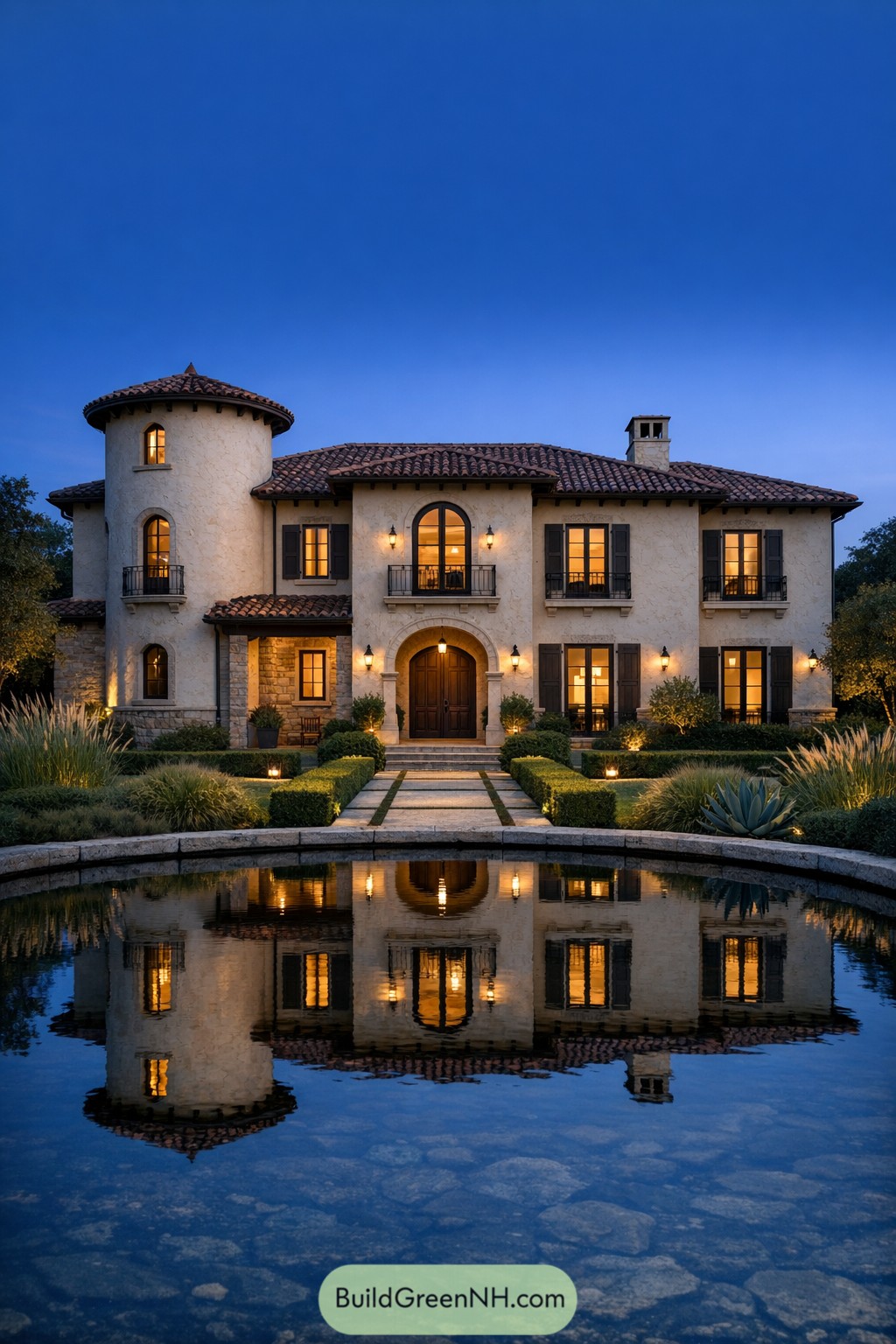 Two story Tuscan villa reflected in a circular pond at dusk