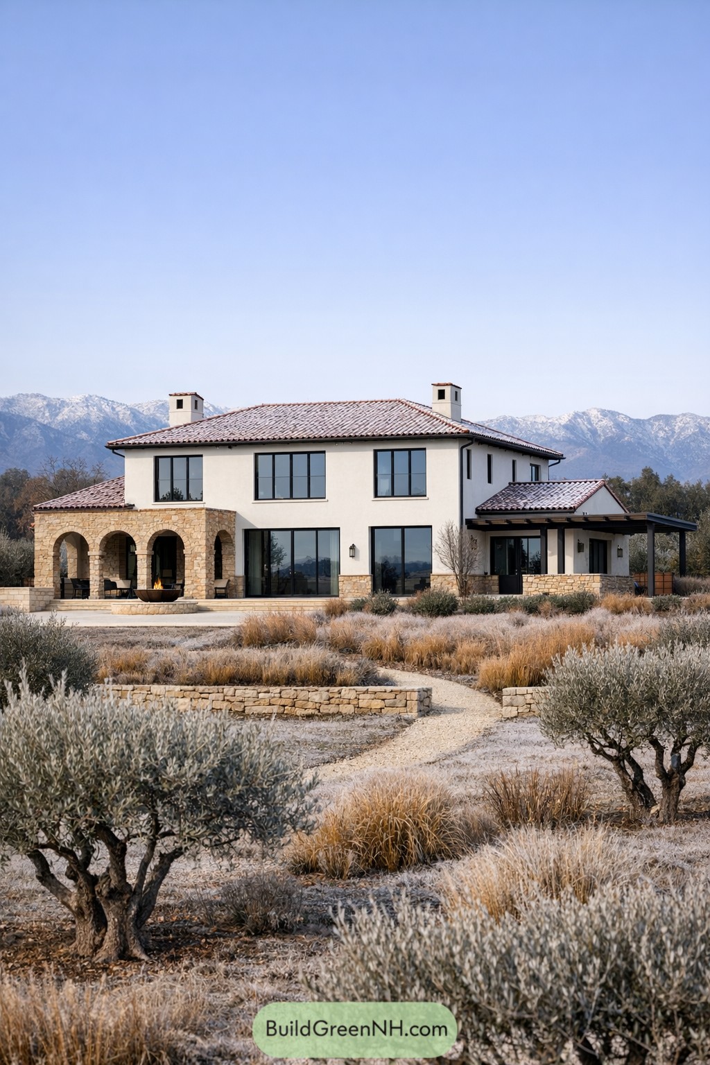 Two story stucco villa with arched stone porch tiled roof and drought tolerant garden in front of distant mountains