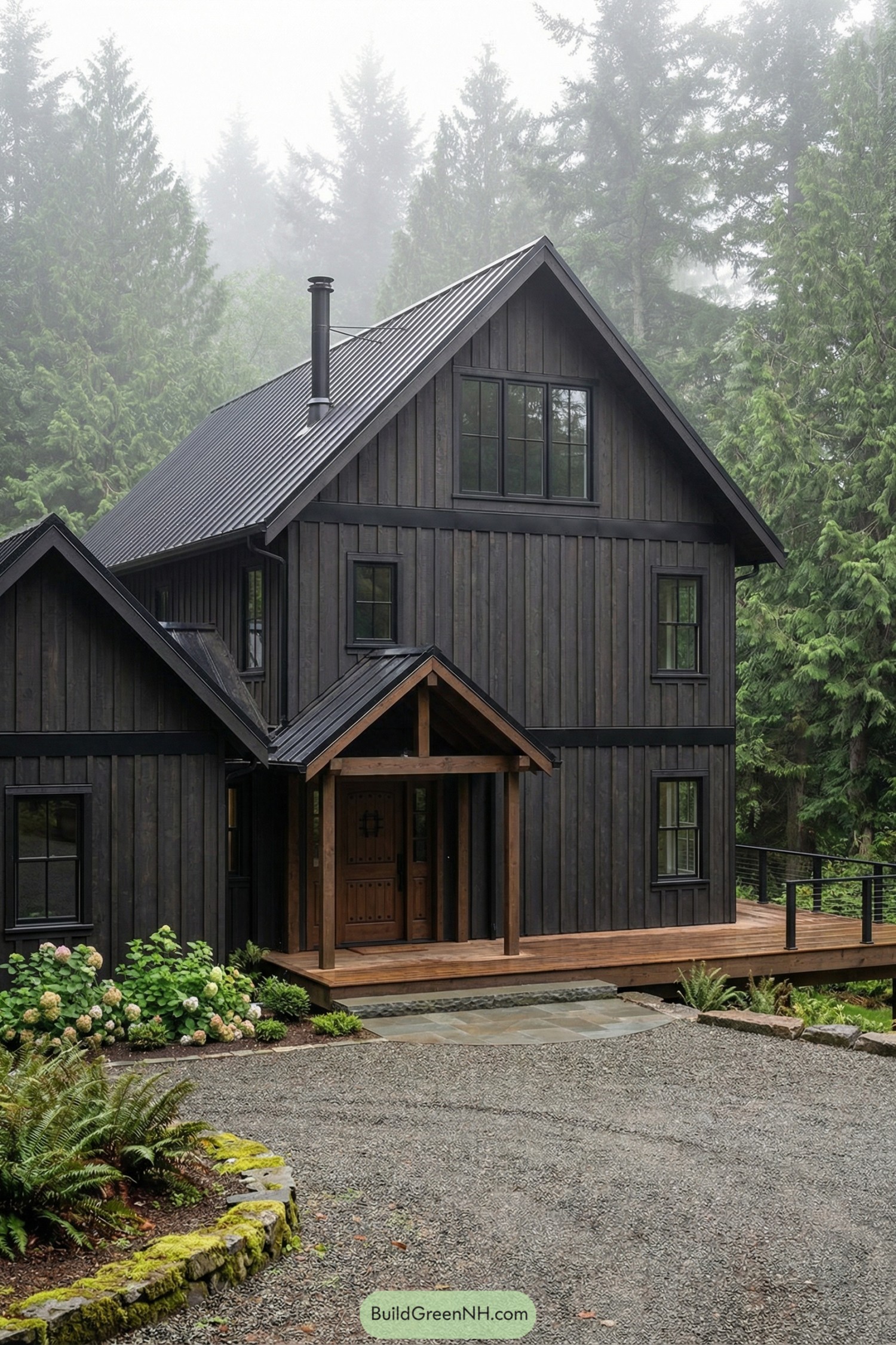 Dark vertical wood barndominium in misty forest