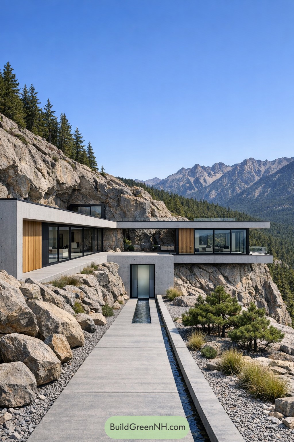 Concrete and glass home embedded in a rocky mountain cliff with panoramic forest and peak views
