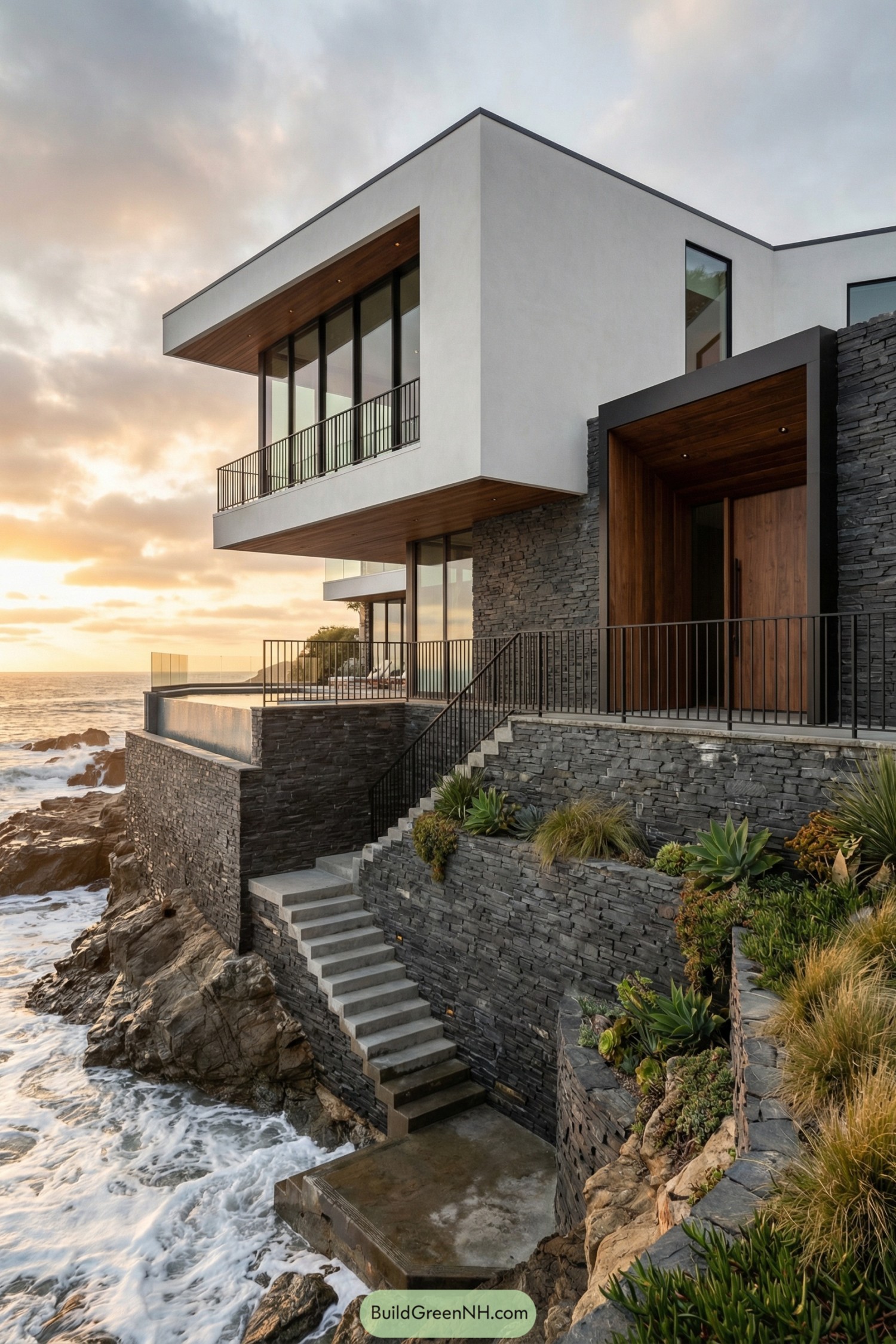 Modern white-and-stone house perched on rocky ocean cliffs at sunset