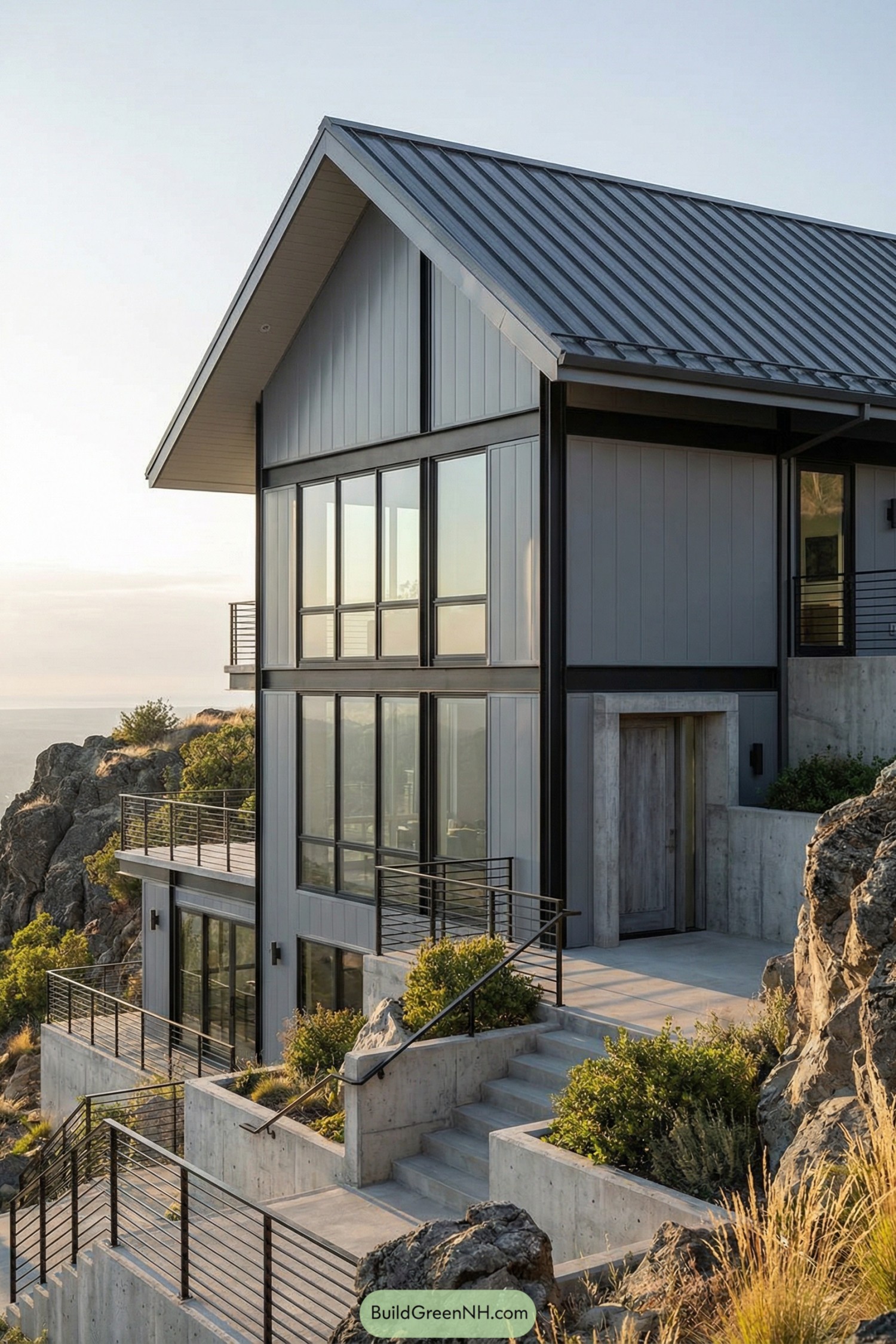 Modern grey barndominium perched on a rocky hillside with large windows and stepped concrete terraces