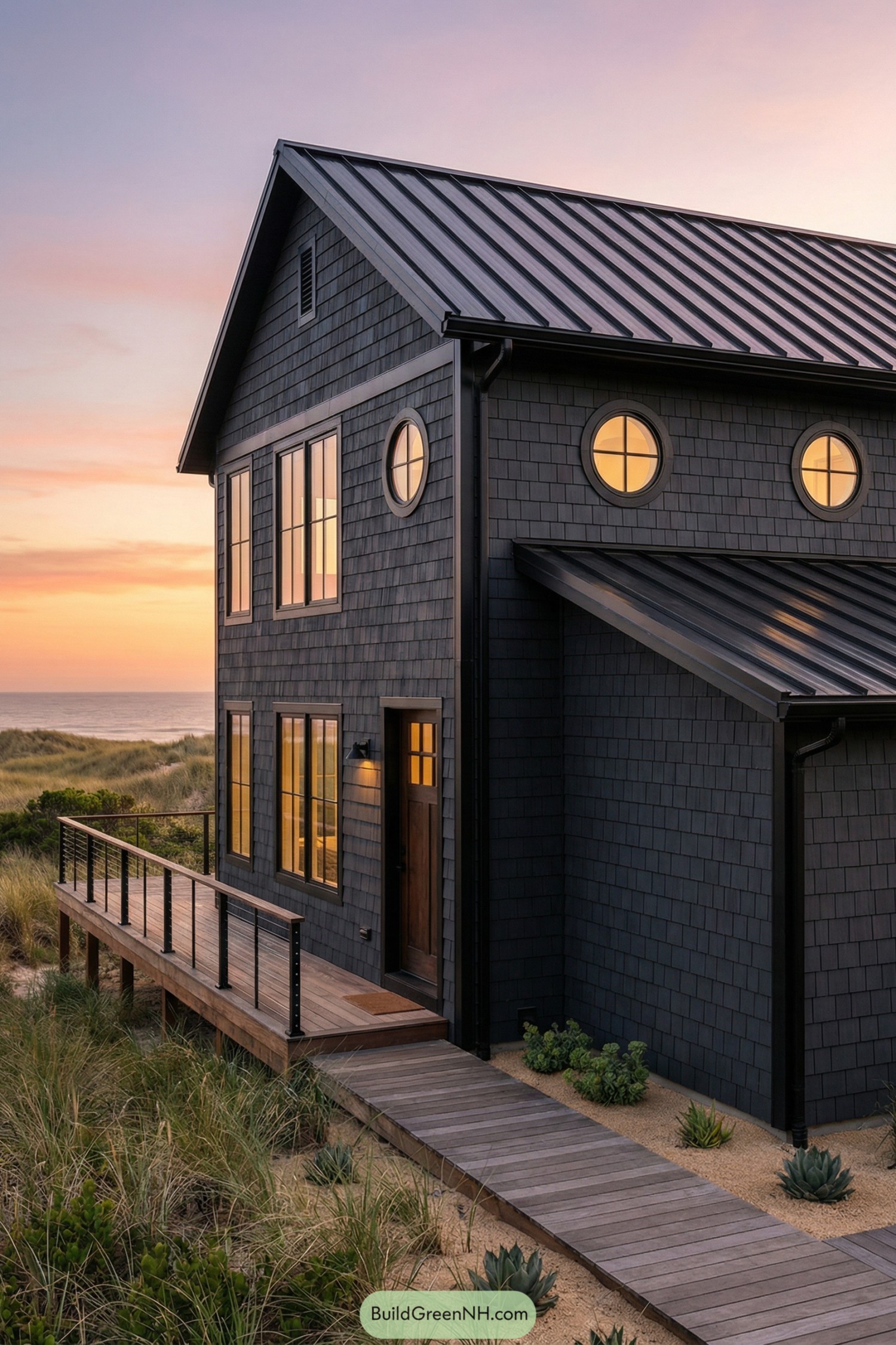 Dark shingle-clad barndominium by the beach at sunset