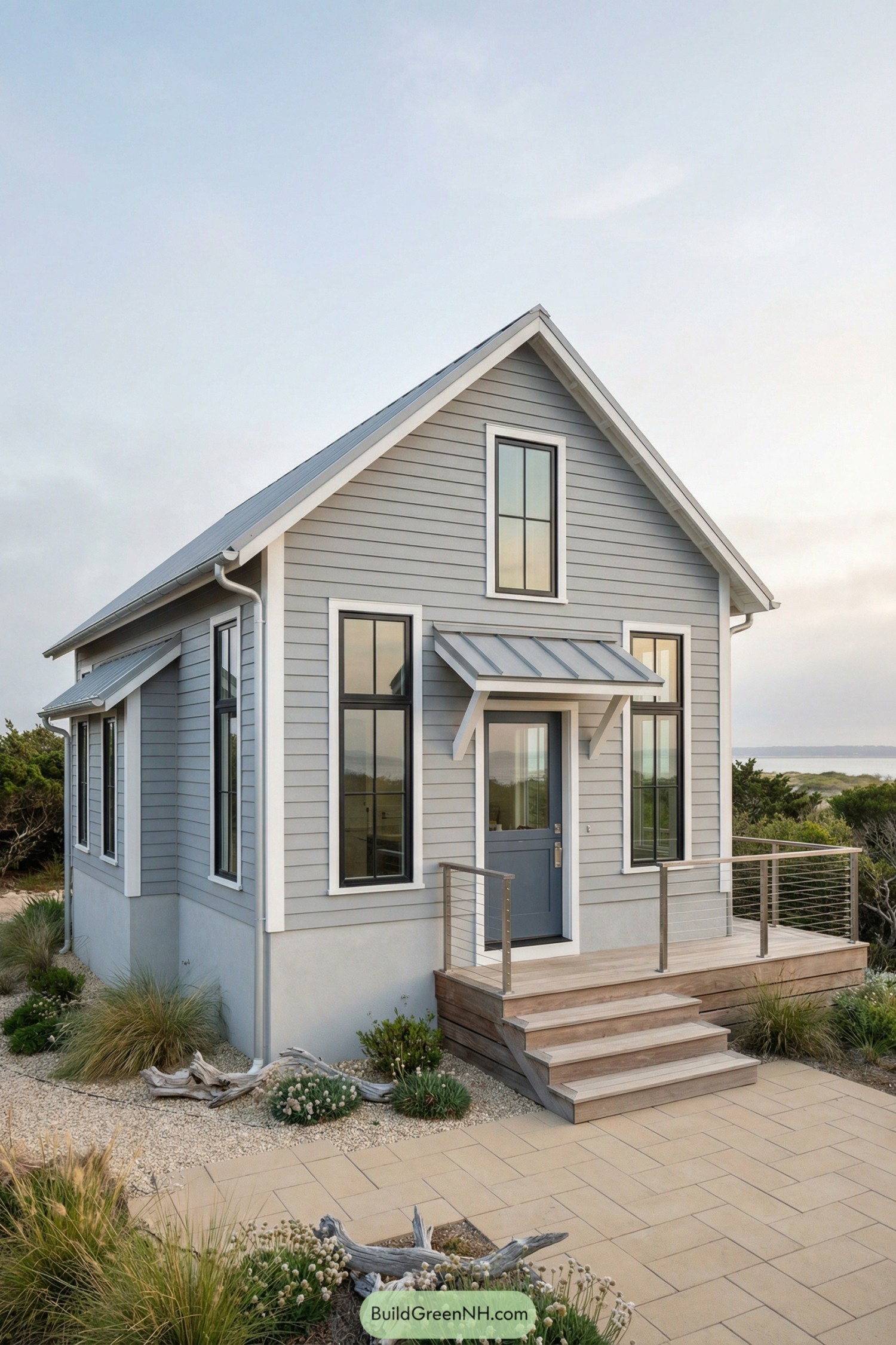 Small grey barndominium with tall windows and a simple front porch near coastal landscaping
