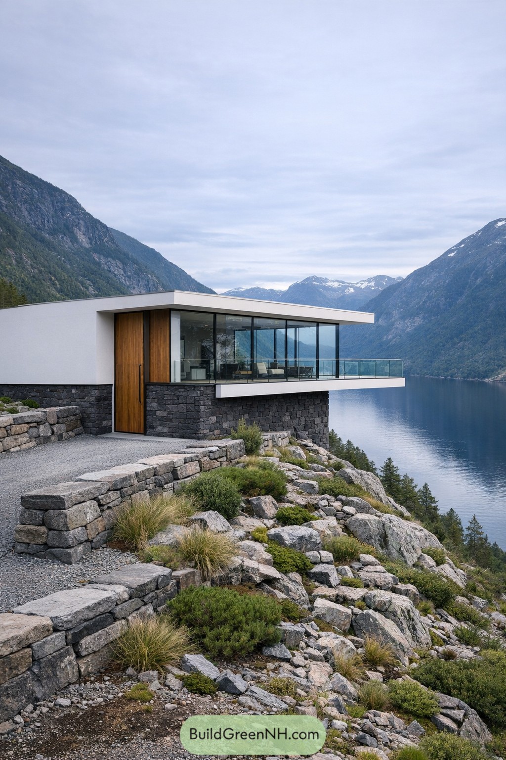 Modern cliffside home with glass walls overlooking a fjord and surrounding mountains