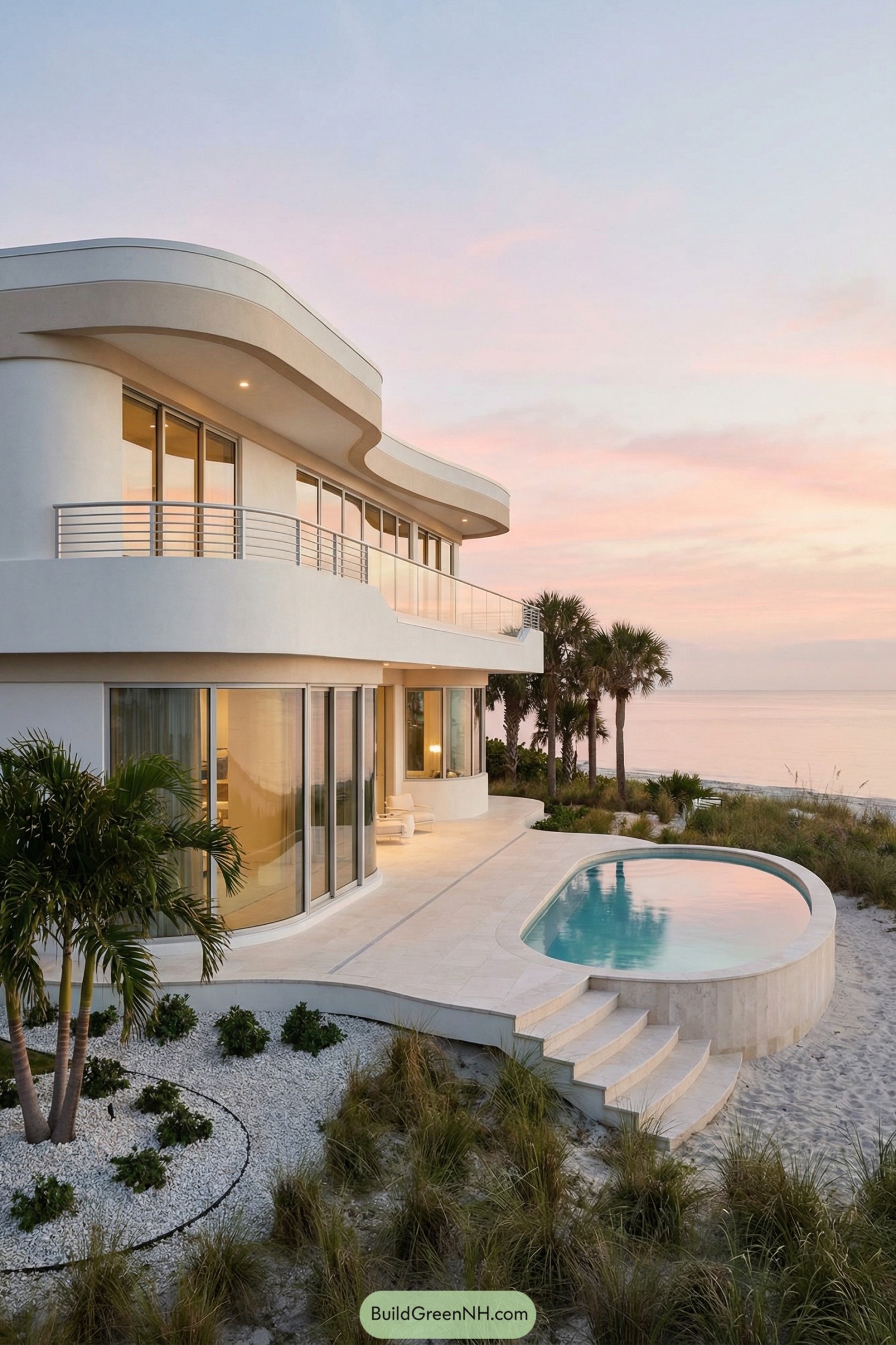 Modern white beach house with sweeping curves and pool overlooking the sea