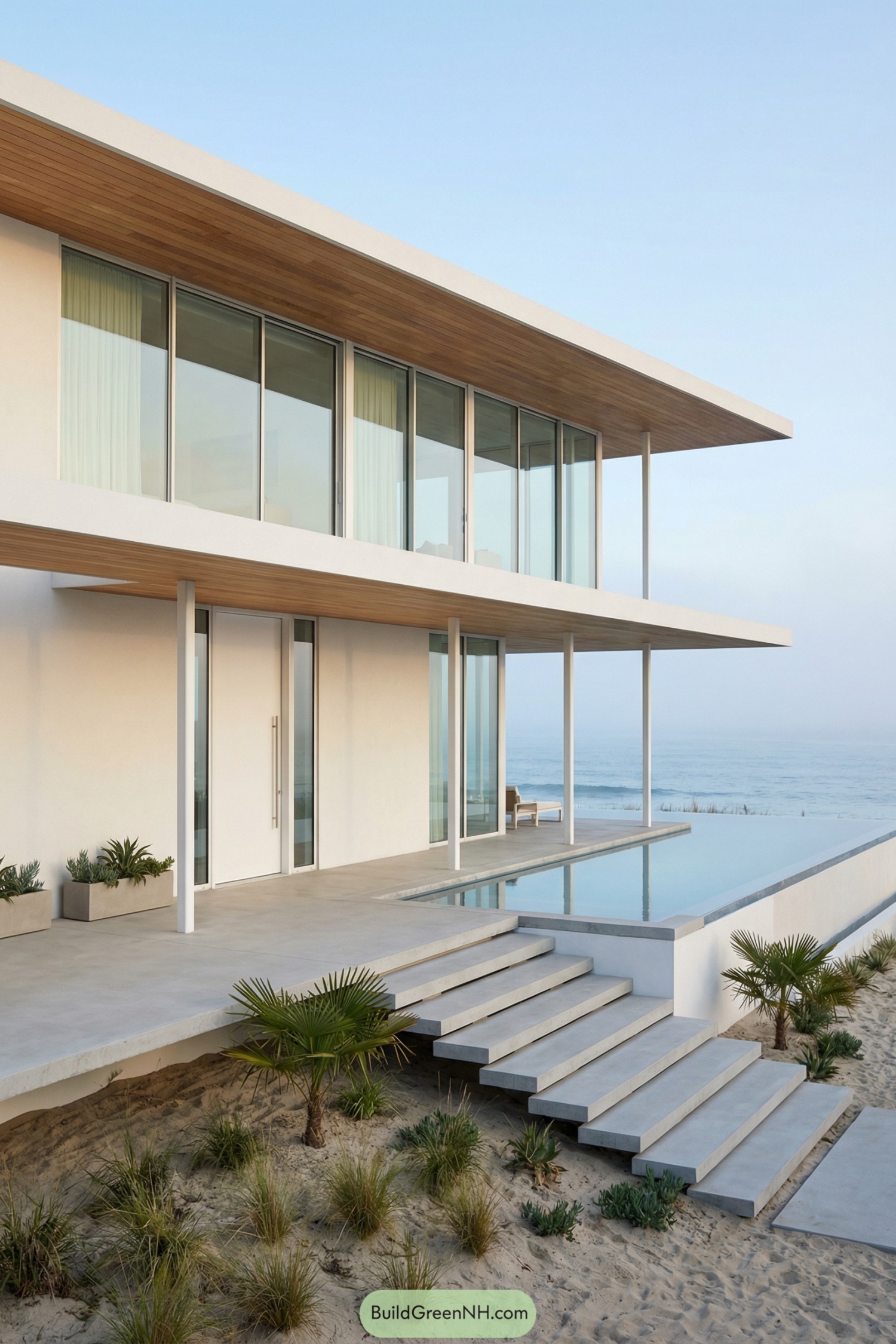 Modern white beachfront house with cantilevered glass-lined upper floor, pool terrace, and wide concrete steps leading down to the sand