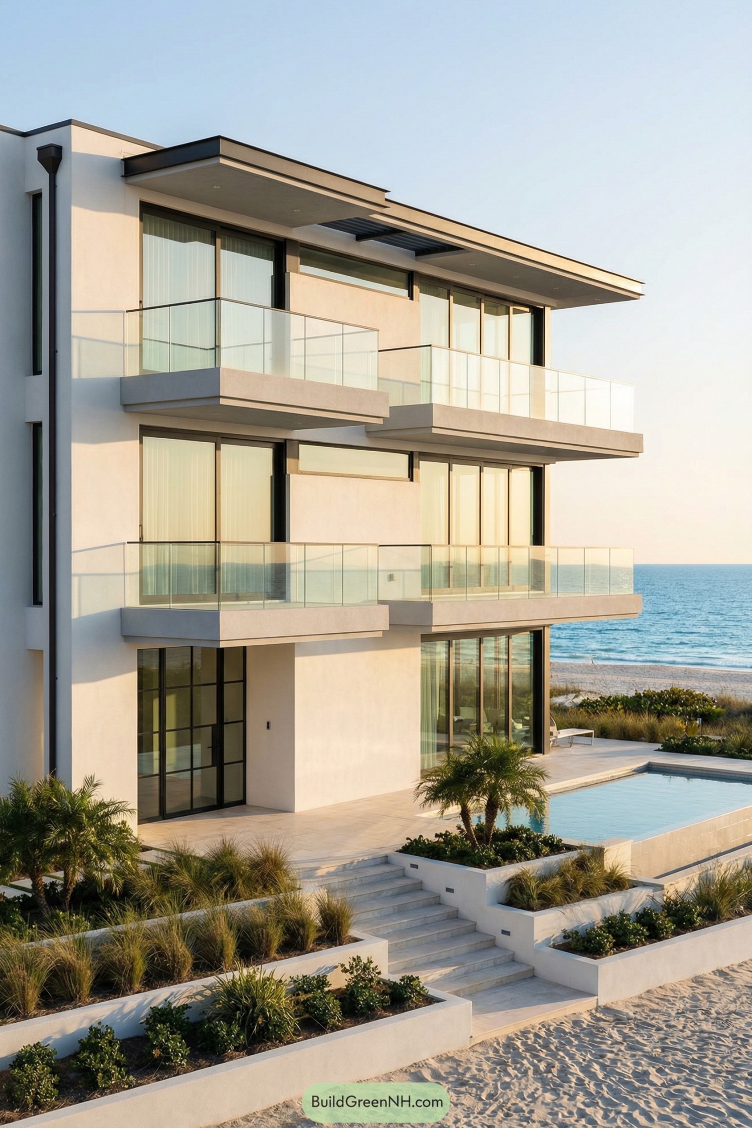 Modern three story beachfront home with wide glass balconies overlooking a pool and ocean
