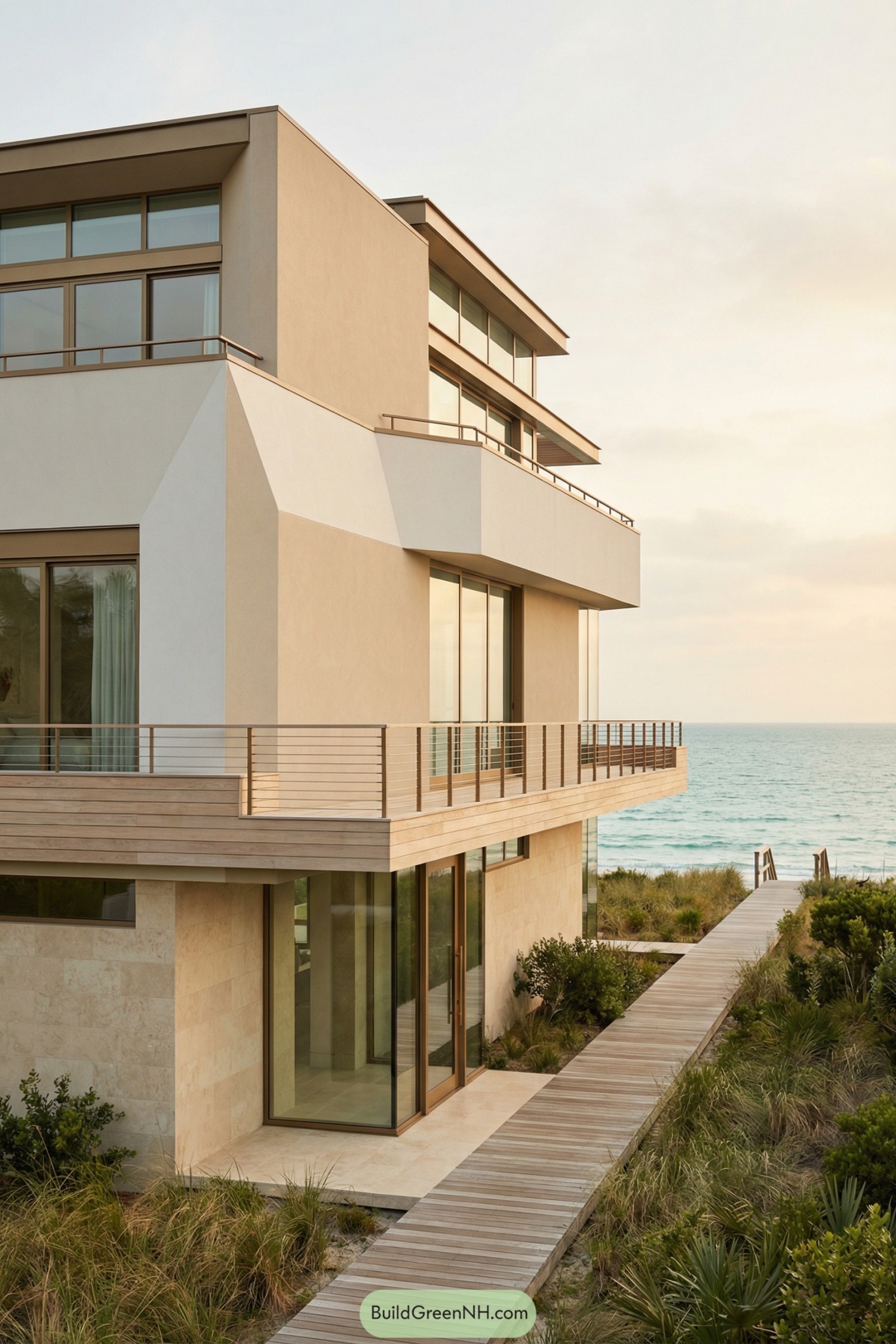 Modern multi-level beachfront home with expansive glass and wraparound terraces