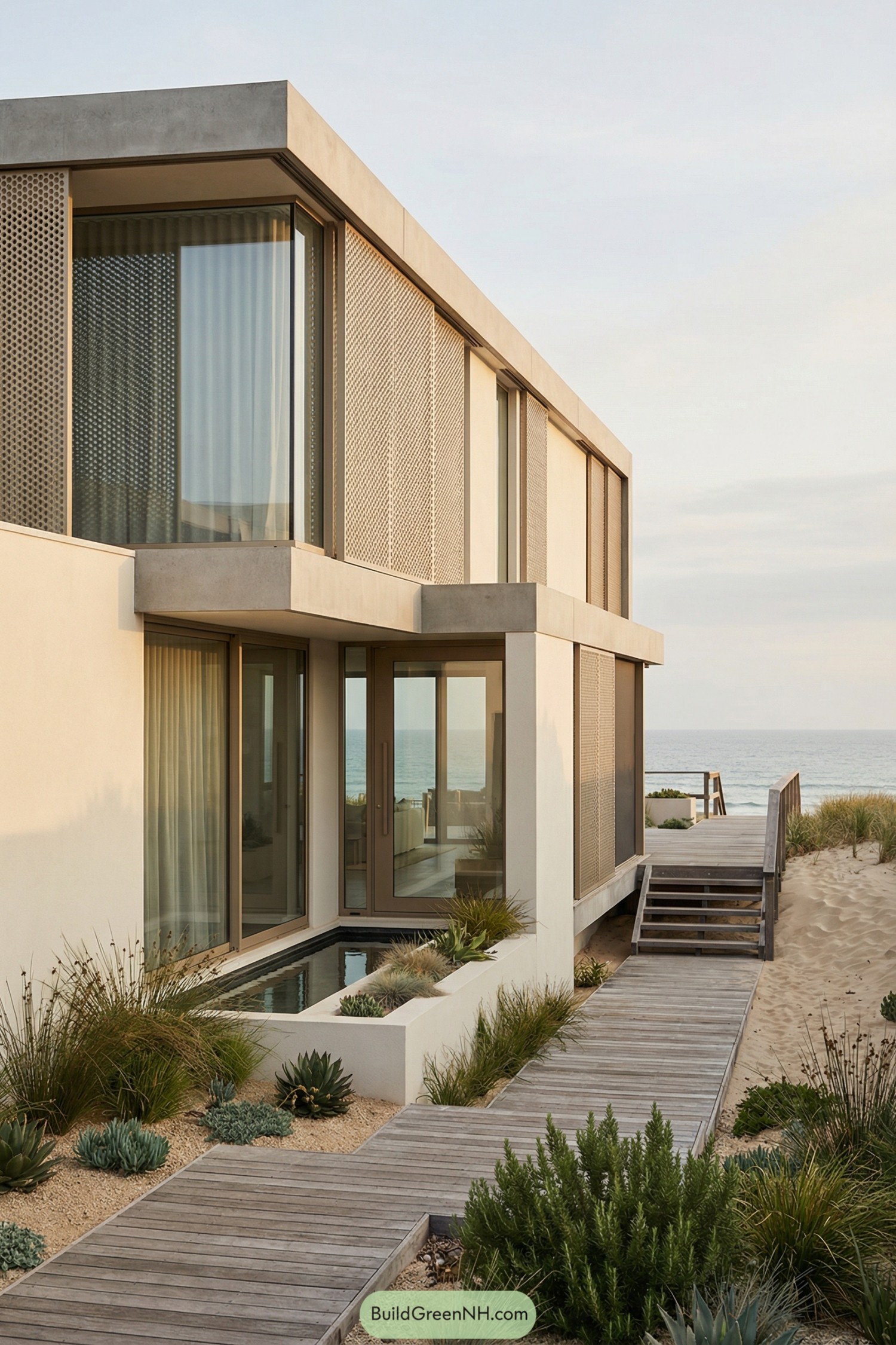 Modern two story beachfront house with boardwalk