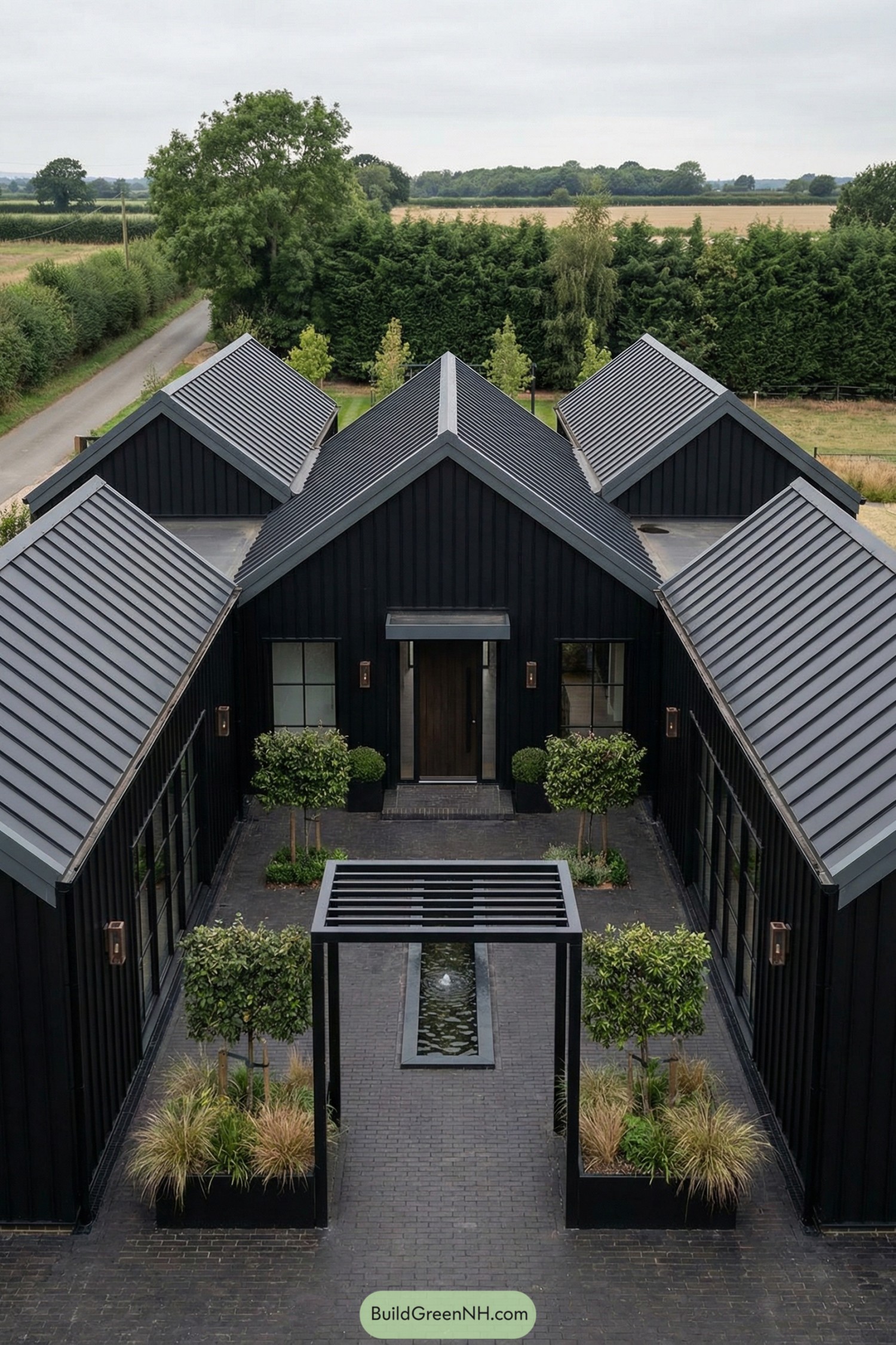 Dark modern barndominium with central landscaped courtyard, reflecting pool, and metal gabled roofs