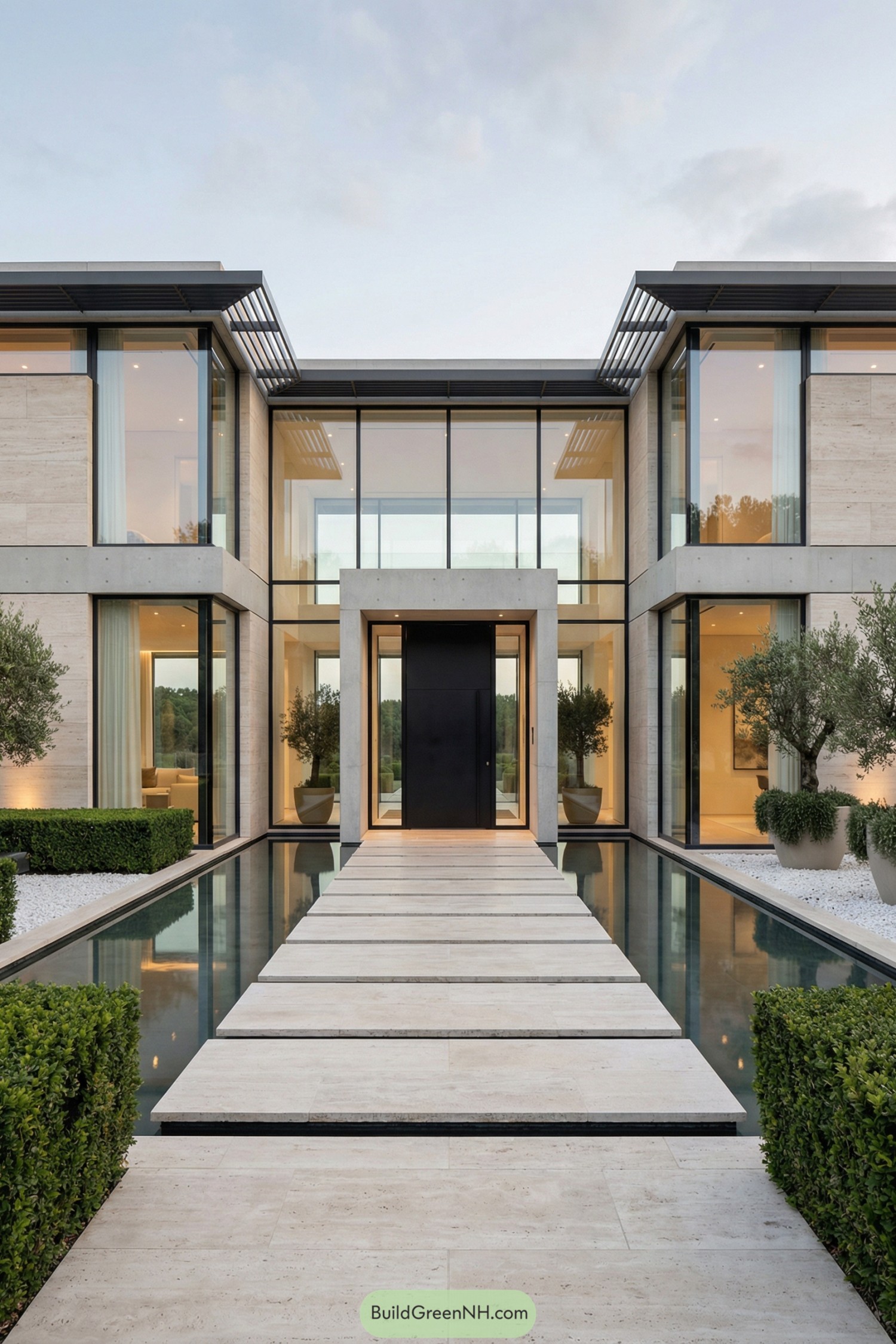 Modern stone mansion with reflecting pool entry and glass facade