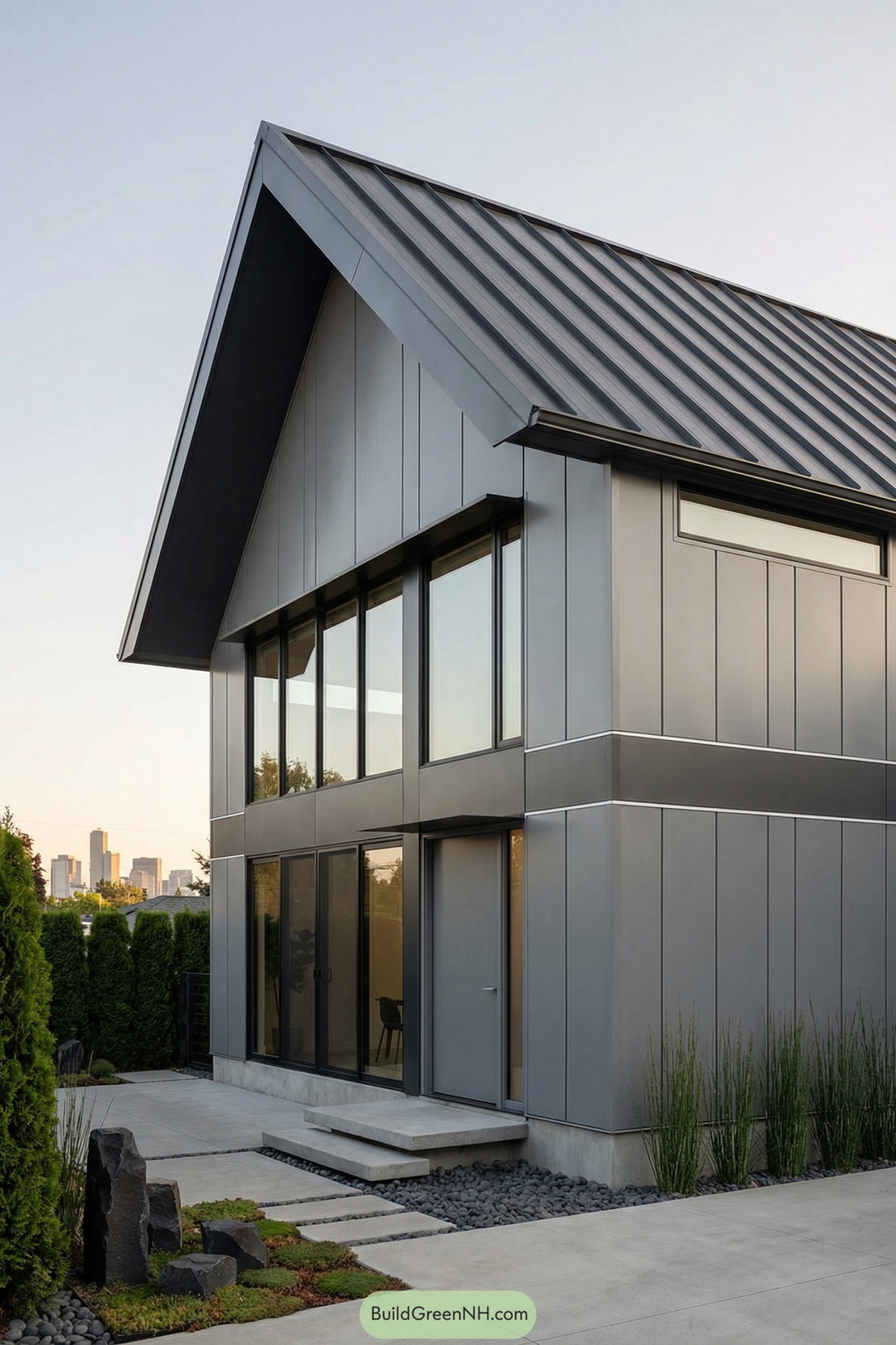 Two story grey barndominium with tall windows and metal siding. Concrete path with stepping stones and minimalist landscaping in front