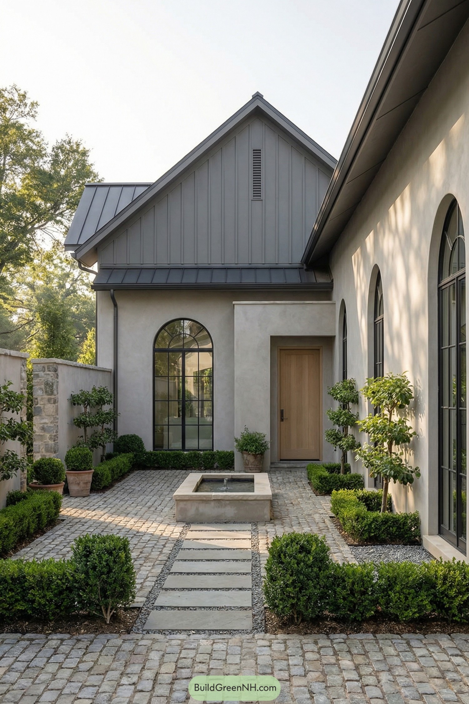 Grey barndominium with arched windows and cobblestone courtyard
