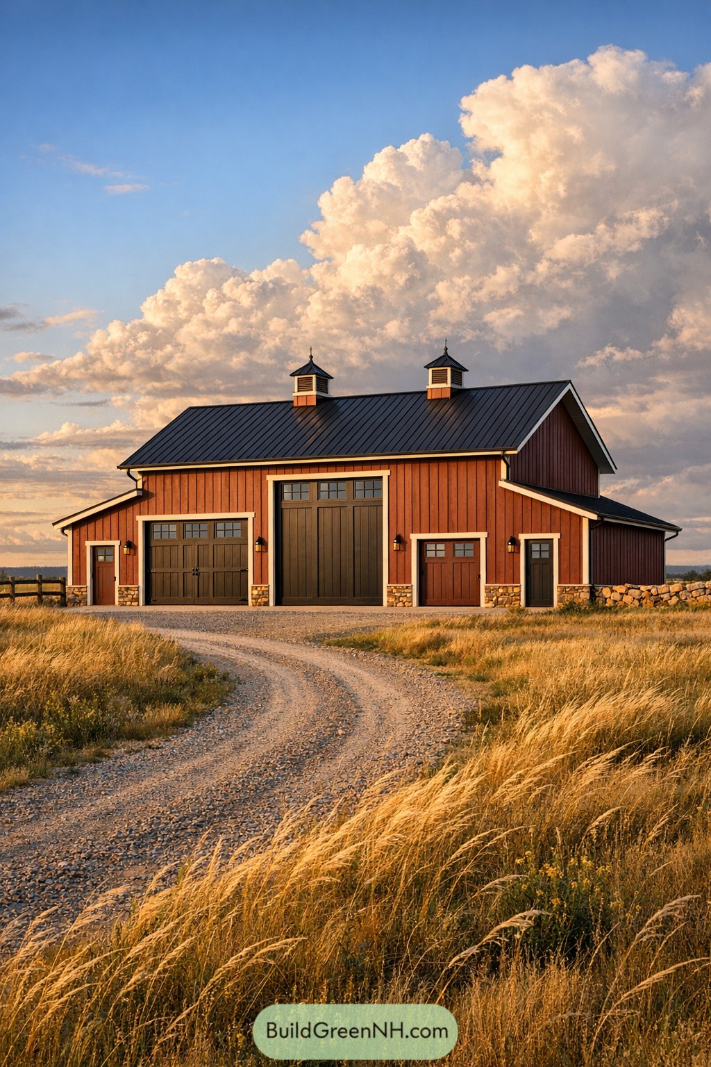 Red barn style garage with dark metal roof, stone accents, and multiple bay doors along a gravel drive