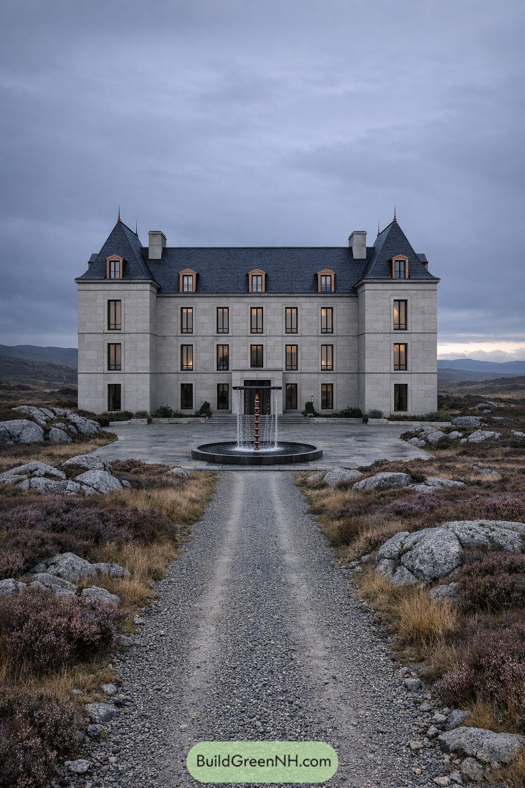 Grand stone chateau with central fountain facing a gravel drive in a rugged open landscape