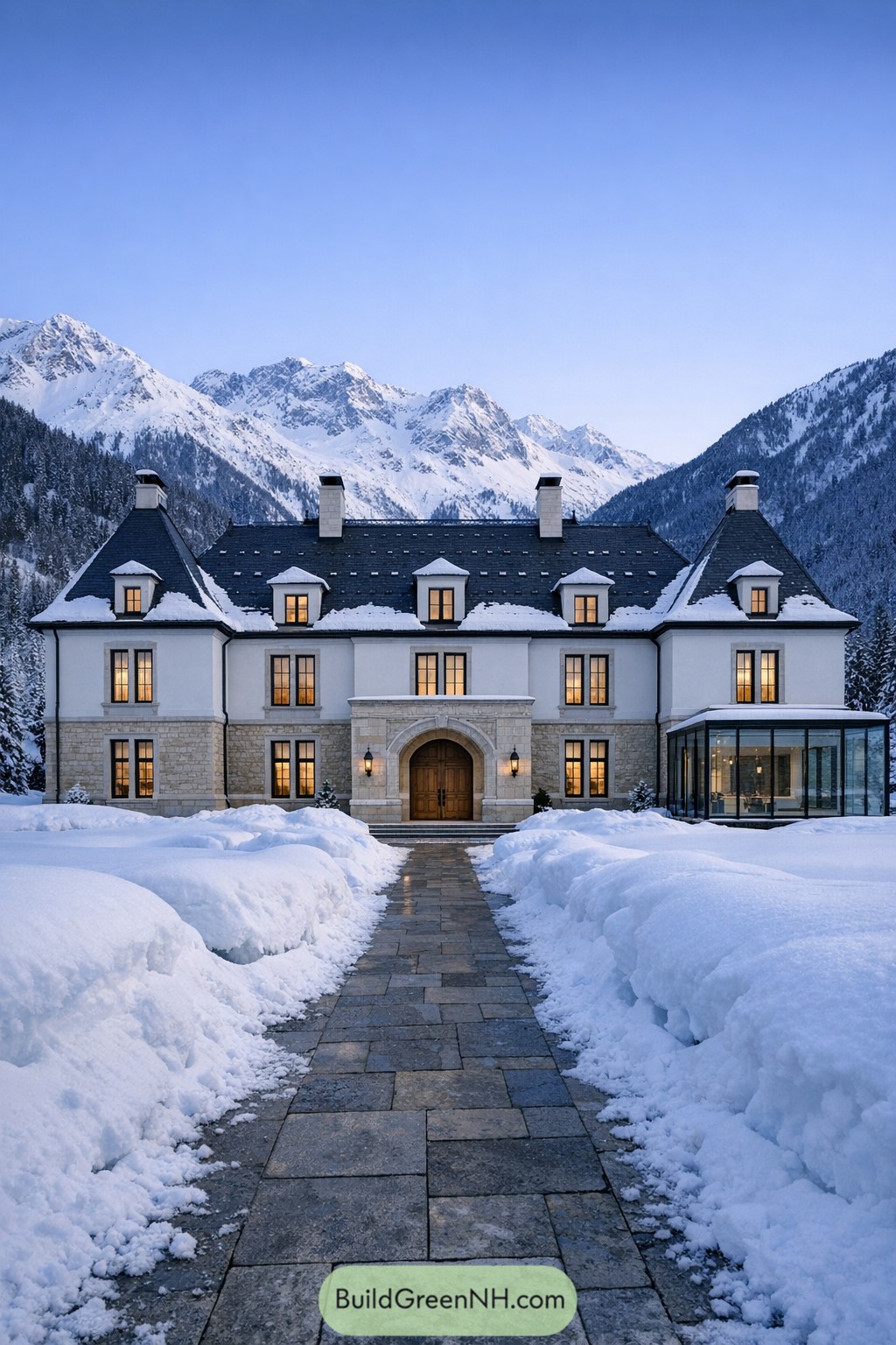 Snowy stone path leading to a grand alpine chateau framed by mountain peaks