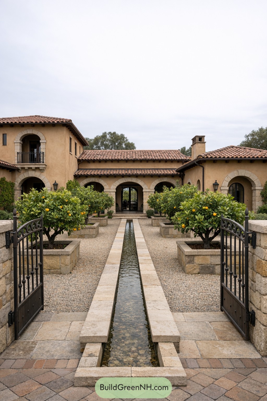 Stucco Tuscan villa with central rill and citrus courtyard