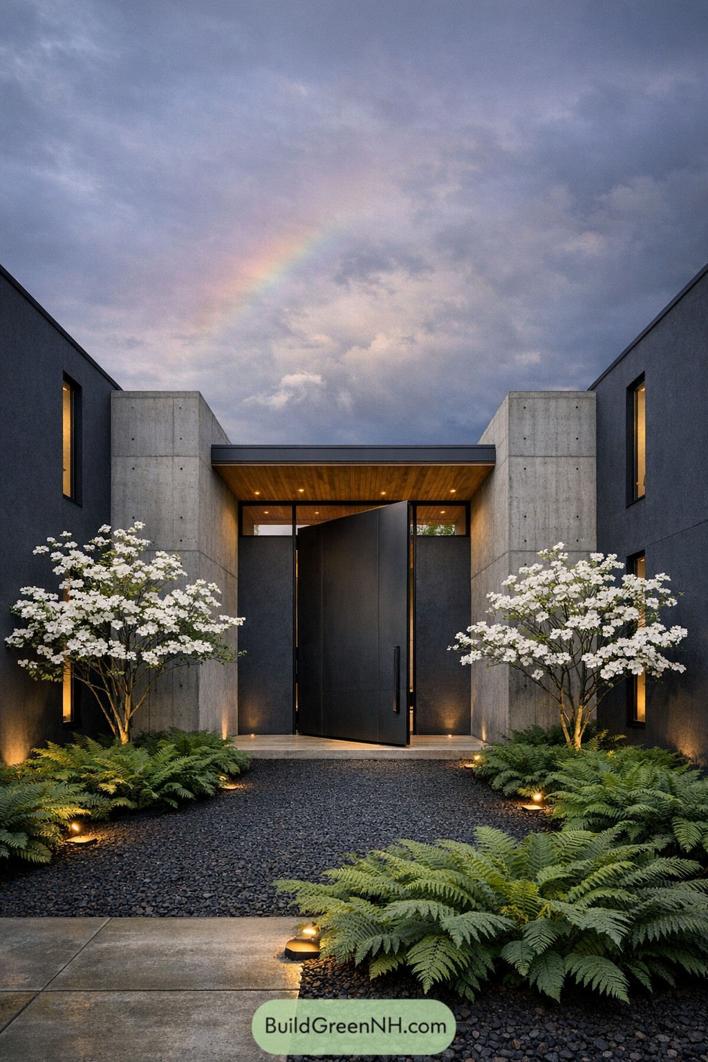 Modern courtyard entry with dark pivot door framed by concrete walls, uplighting, ferns, and flowering trees