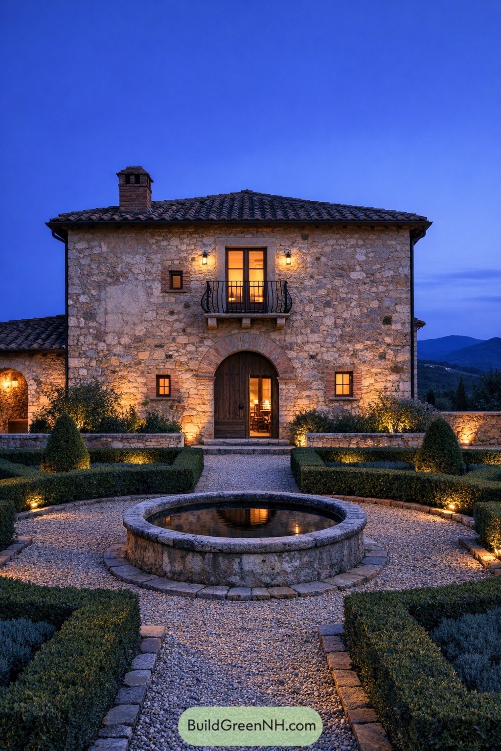 Depict the entire Tuscan farmhouse fully shown at blue hour with subtle interior glow: a thick-walled stone-and-plaster rural home with a deep-set arched doorway, small Juliet balcony with wrought iron, and a roofline punctuated by an old brick chimney; the setting is a formal courtyard garden with clipped hedges, a gravel parterre, and a central stone basin reflecting the twilight sky, with distant hills turning indigo and soft architectural lighting grazing the facade textures, single real-life photo, high-resolution, full-frame, 28mm, f/8, ISO 100, ultra high detail, editorial architecture photography, cinematic composition, no people, no animals, no text, soft lighting, strictly no collages.