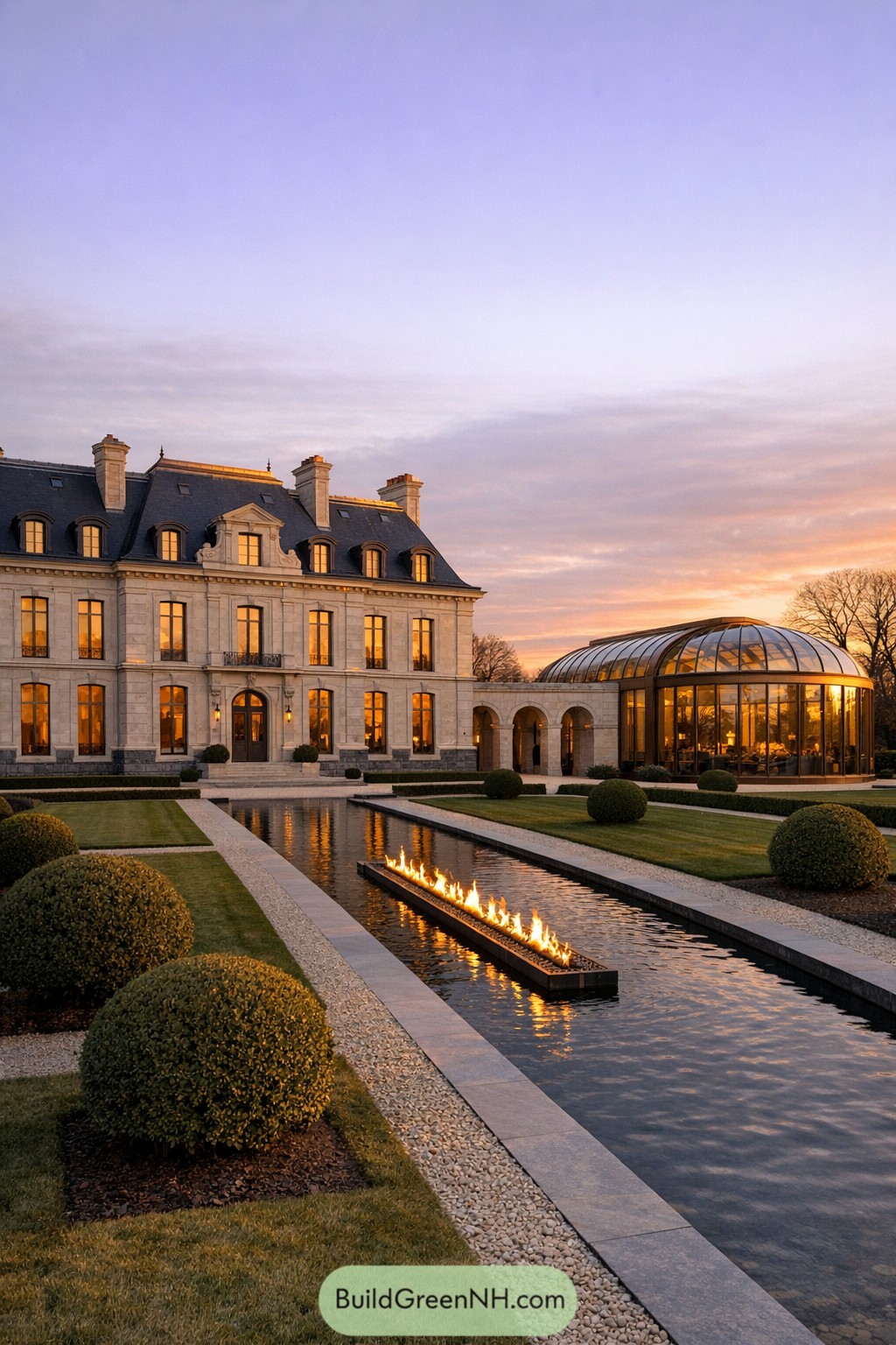 Elegant French chateau with linear reflecting pool and central fire feature leading to a glass pavilion at sunset