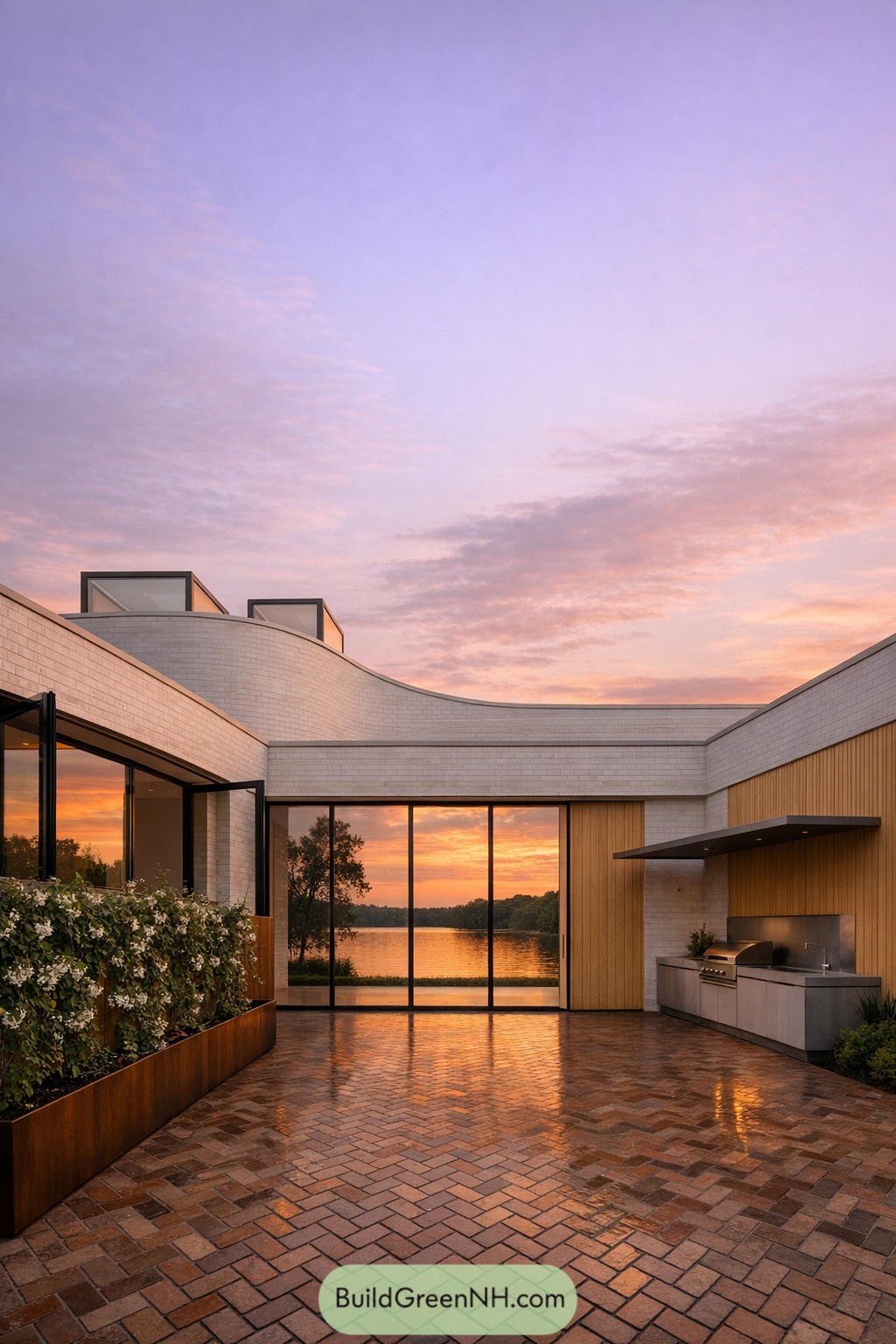 Modern courtyard with glass walls overlooking a lake at sunset and an outdoor kitchen on a brick patio