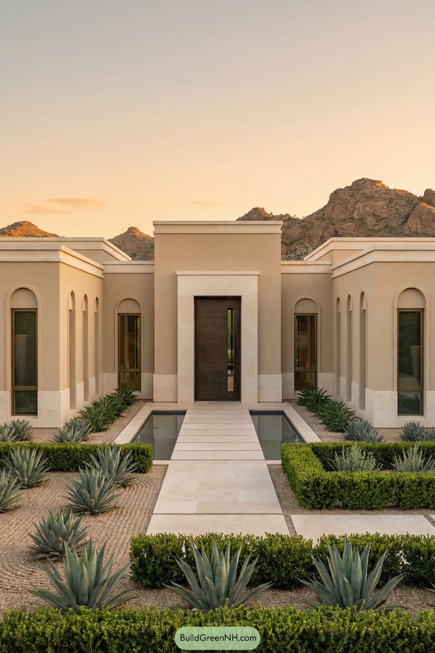 Desert villa with formal entry garden and narrow reflecting pools