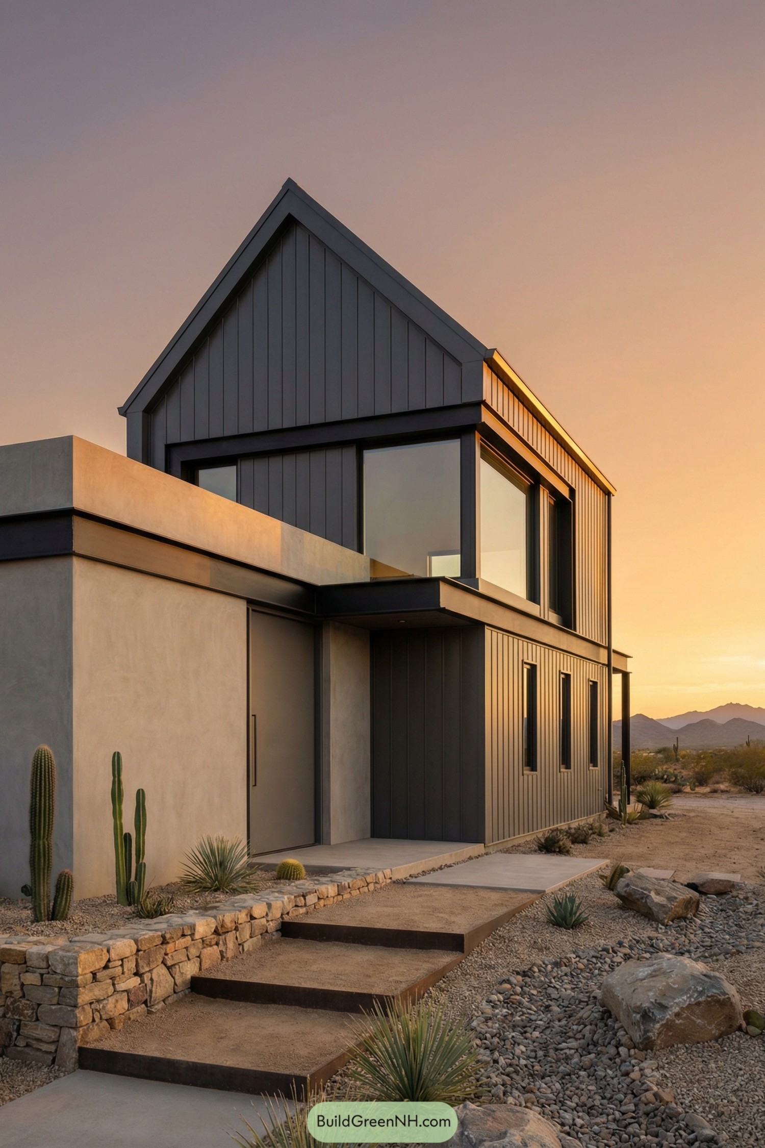 Modern grey barndo with desert landscaping at sunset