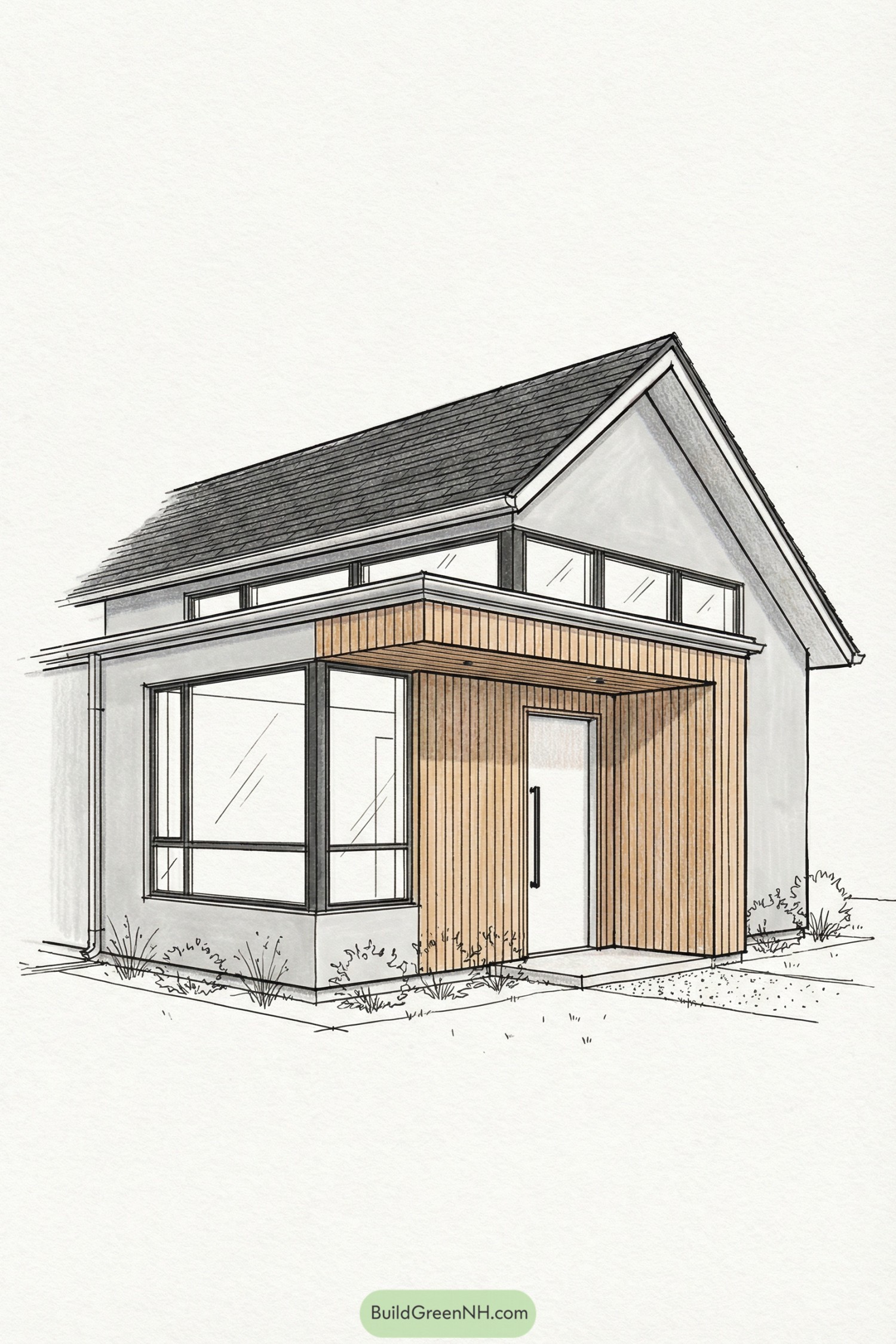 Modern cottage sketch with tall gable roof and wood clad entry