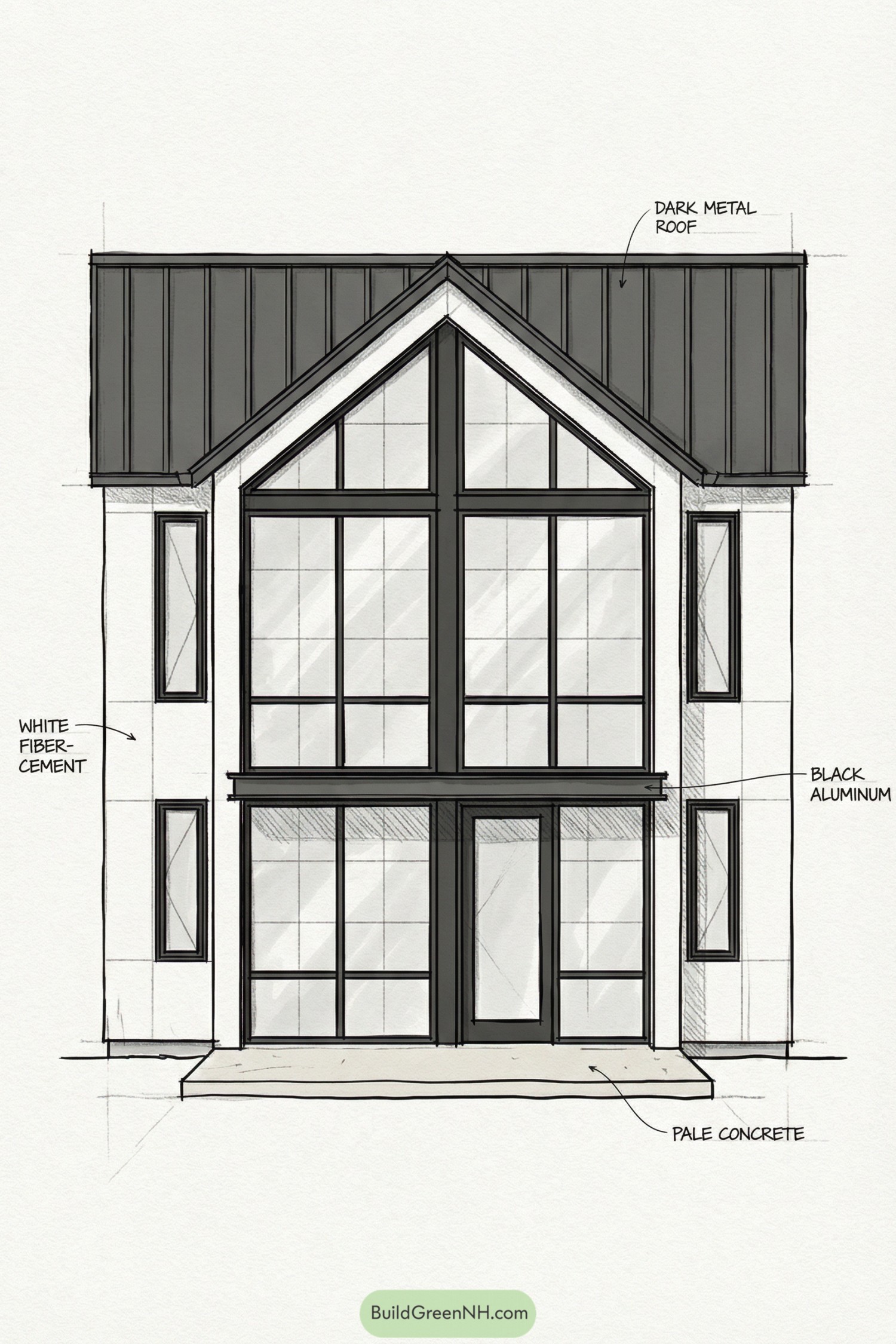 Modern cottage elevation with tall gabled roof and full-height black framed windows across two stories