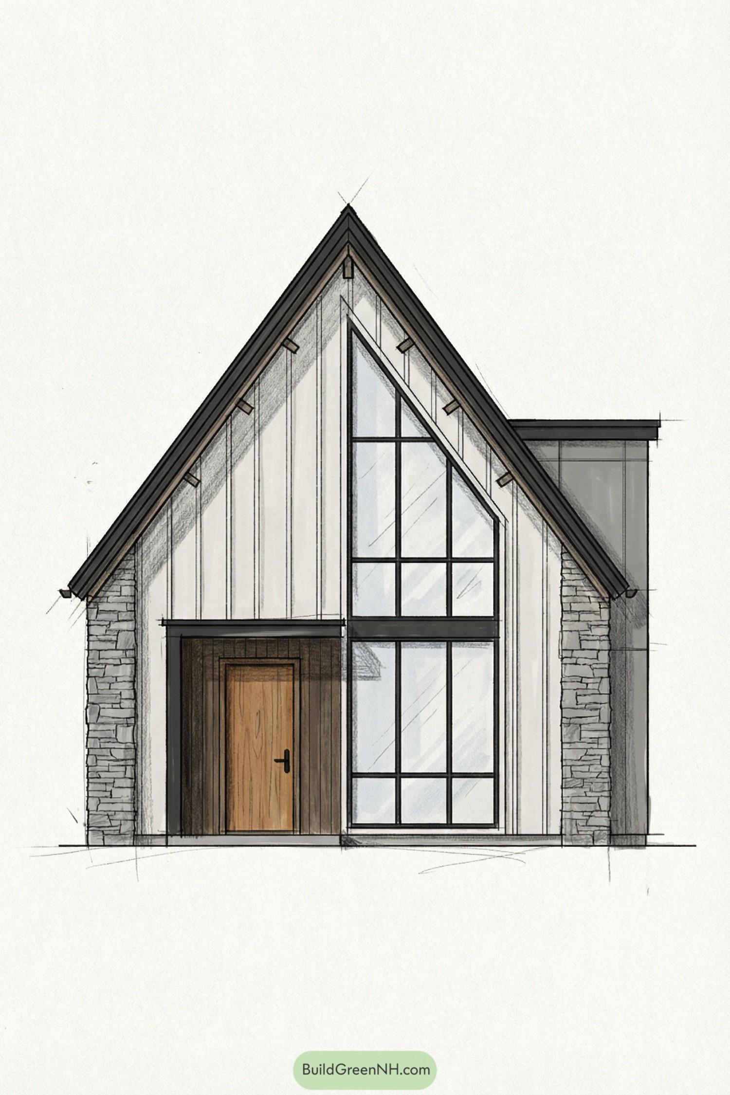 Tall gabled cottage with stone sides and large front windows