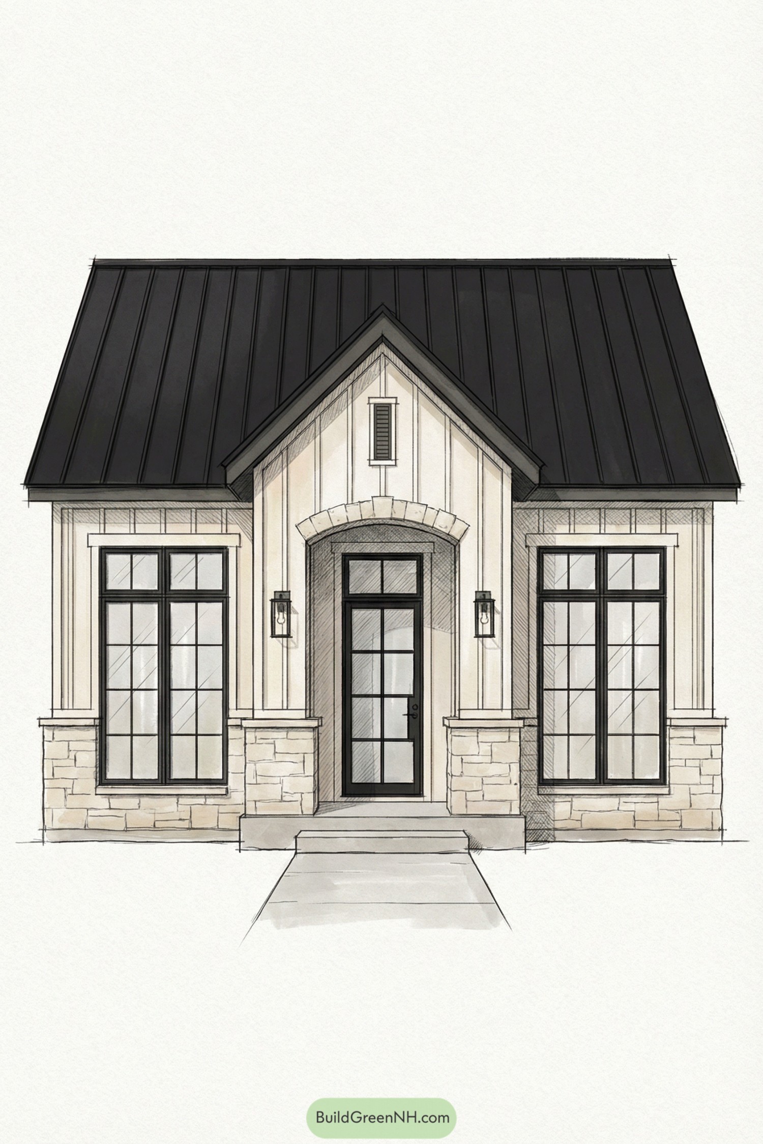 Modern cottage front elevation with black metal roof and large windows