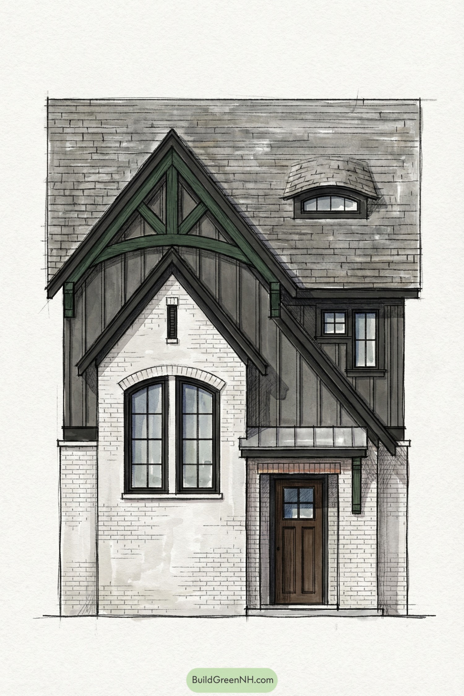 Front elevation sketch of a compact cottage with steep gables, white brick, and dark timber trim