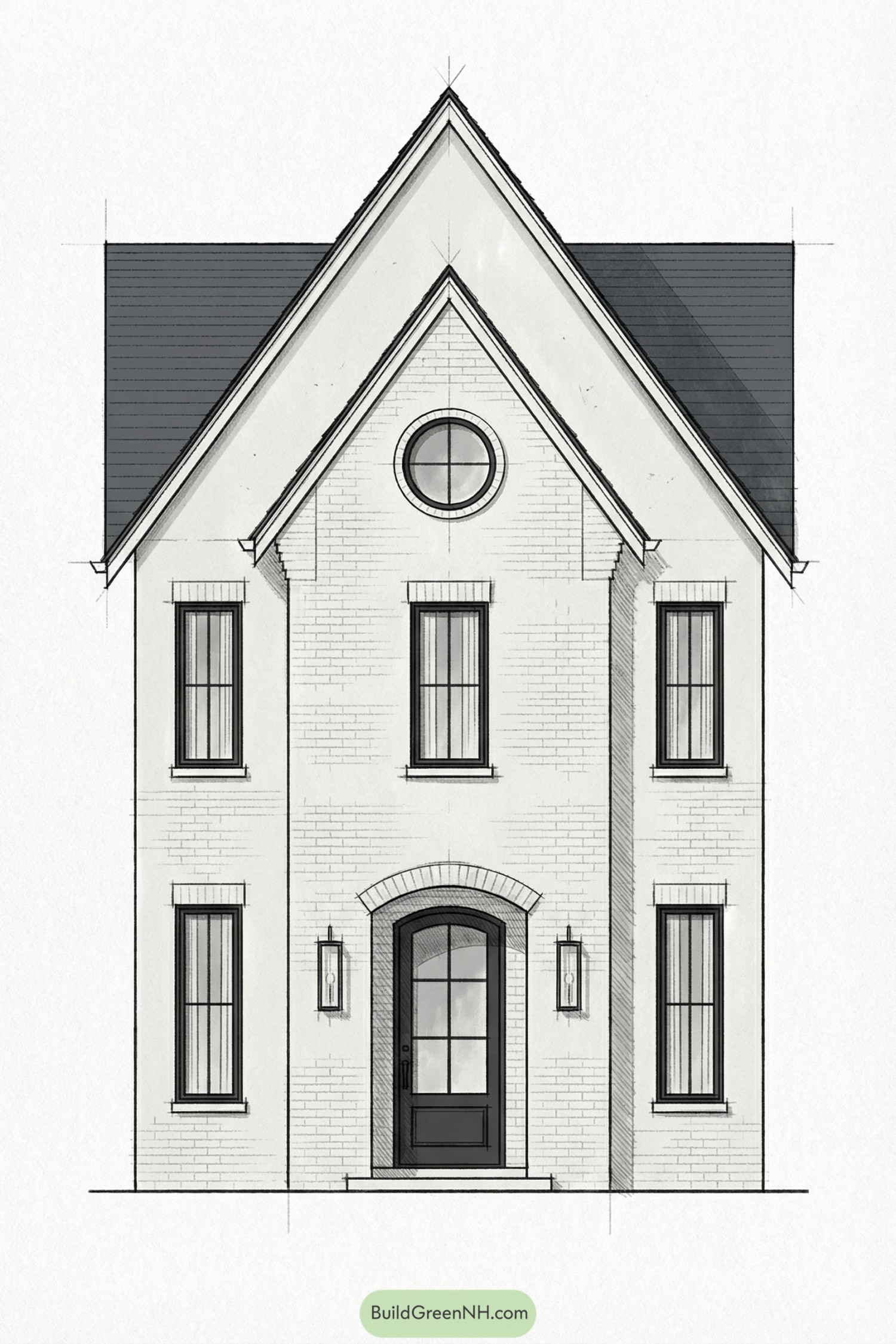 Narrow white brick cottage with steep gable roof and round window above arched front door