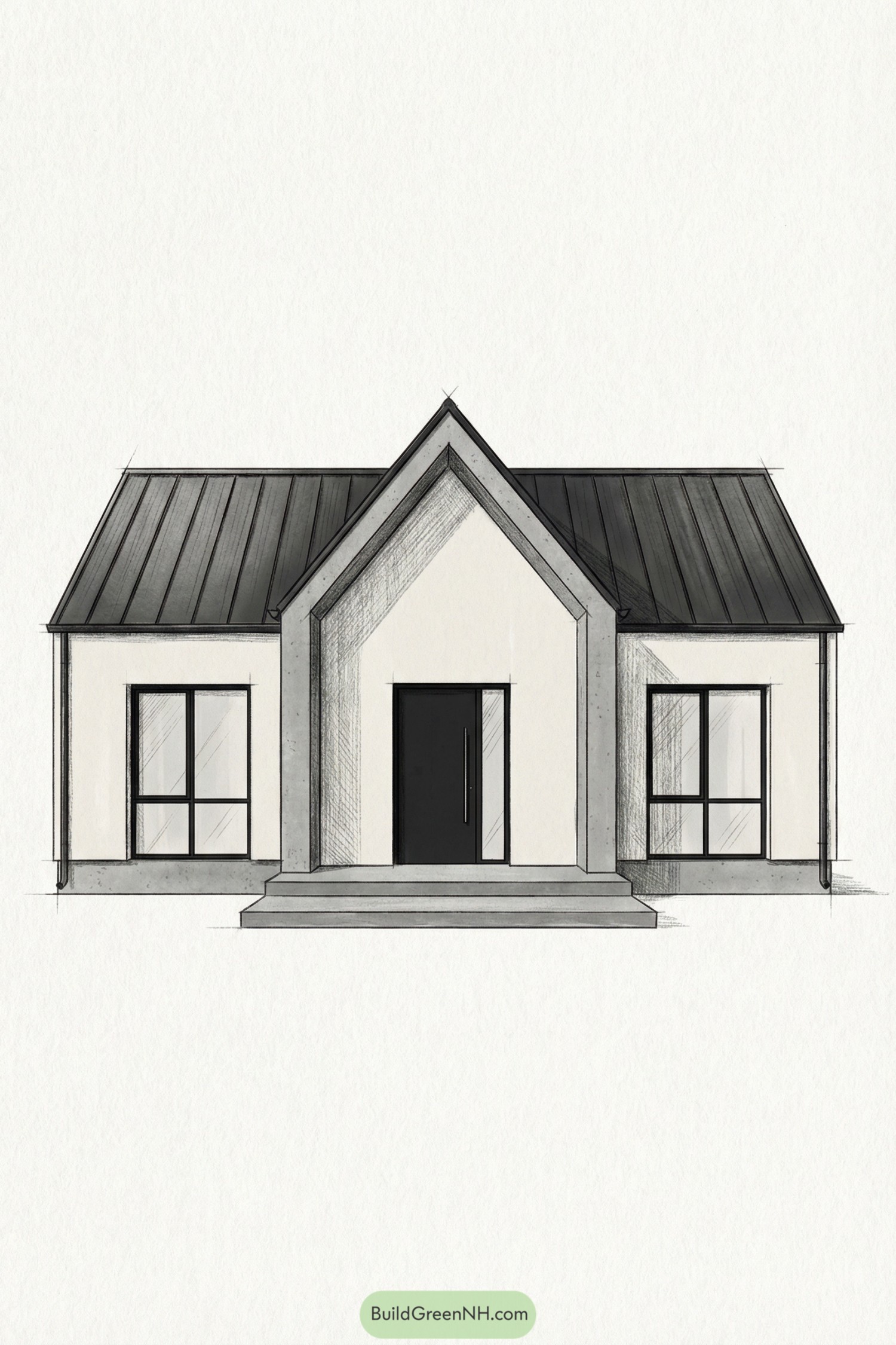 Minimalist front elevation of a small modern cottage with a central gabled entry and large windows on each side