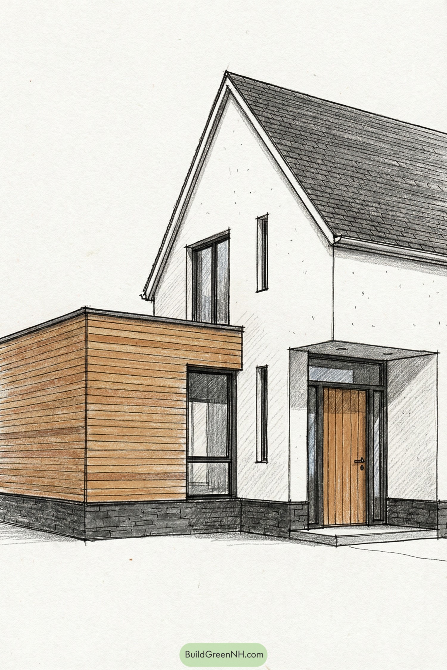 Modern sketch of a compact gabled cottage with white walls a timber-clad side volume and dark stone base