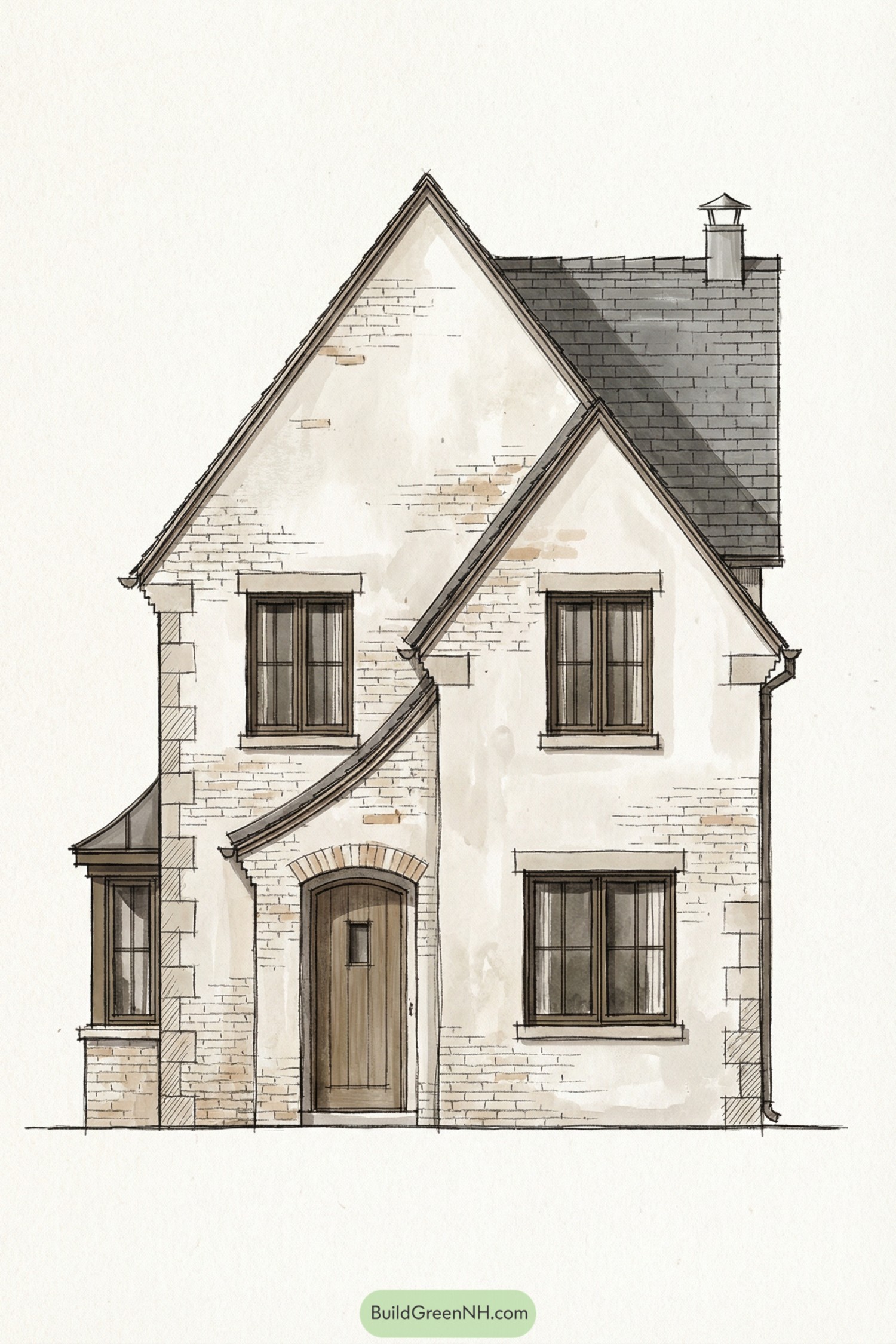 Cozy two-story cottage sketch with tall twin gables, curved front entry, and mixed brick and stucco facade