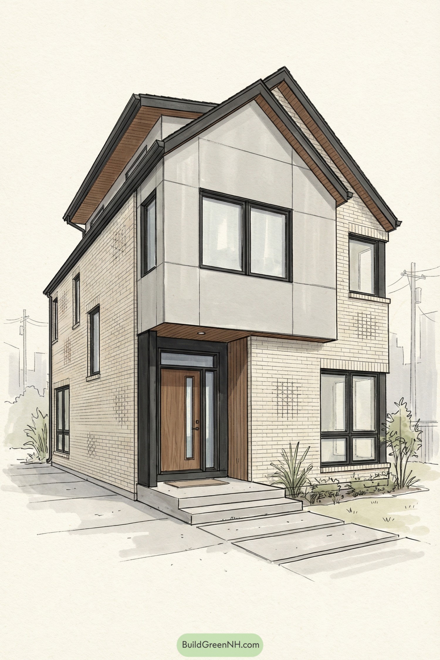 Modern two story brick cottage with large windows and a recessed wood front door. Clean concrete steps lead to the entrance with simple landscaping along the facade