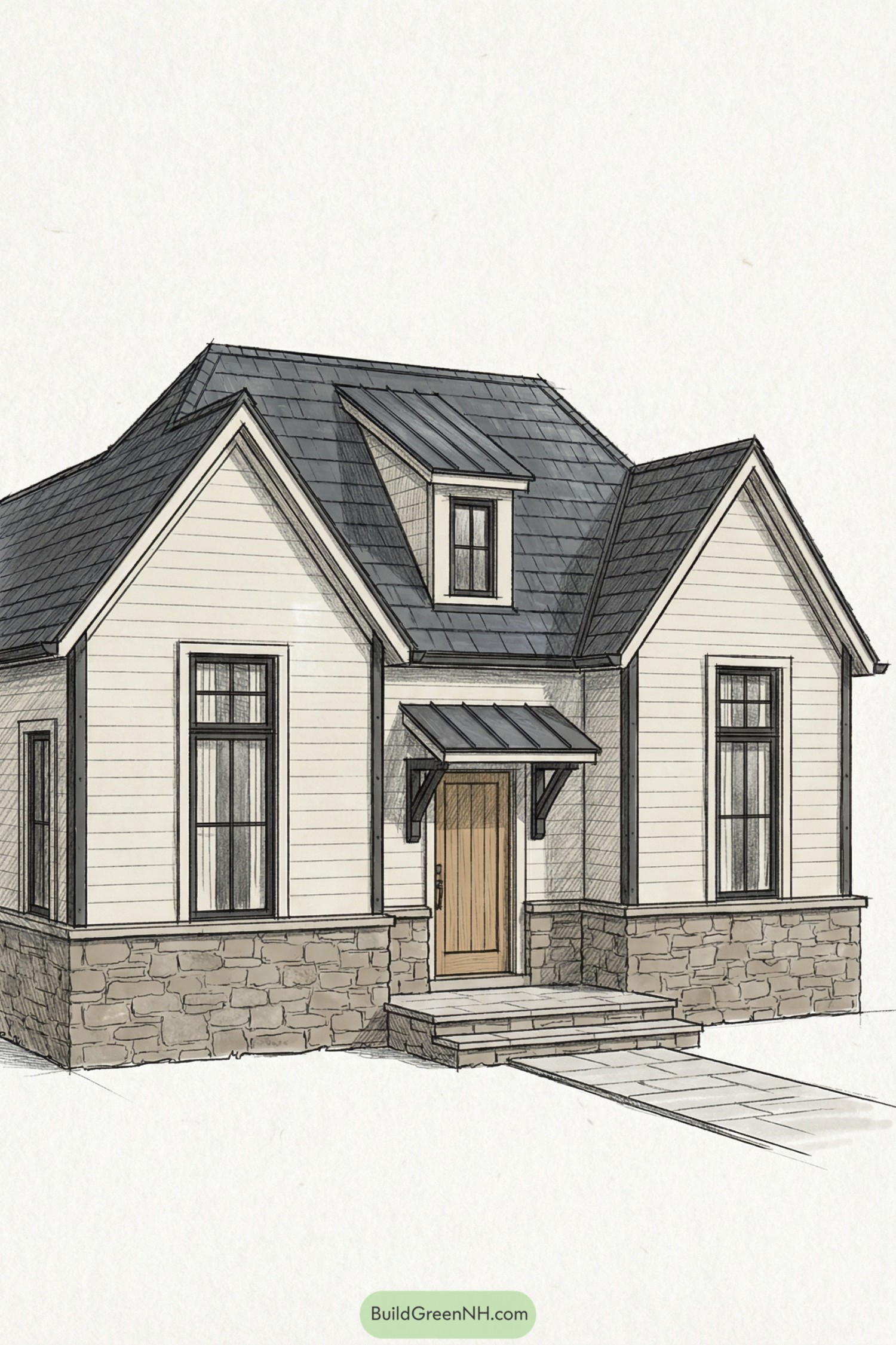 Small modern cottage with gabled roof and stone base