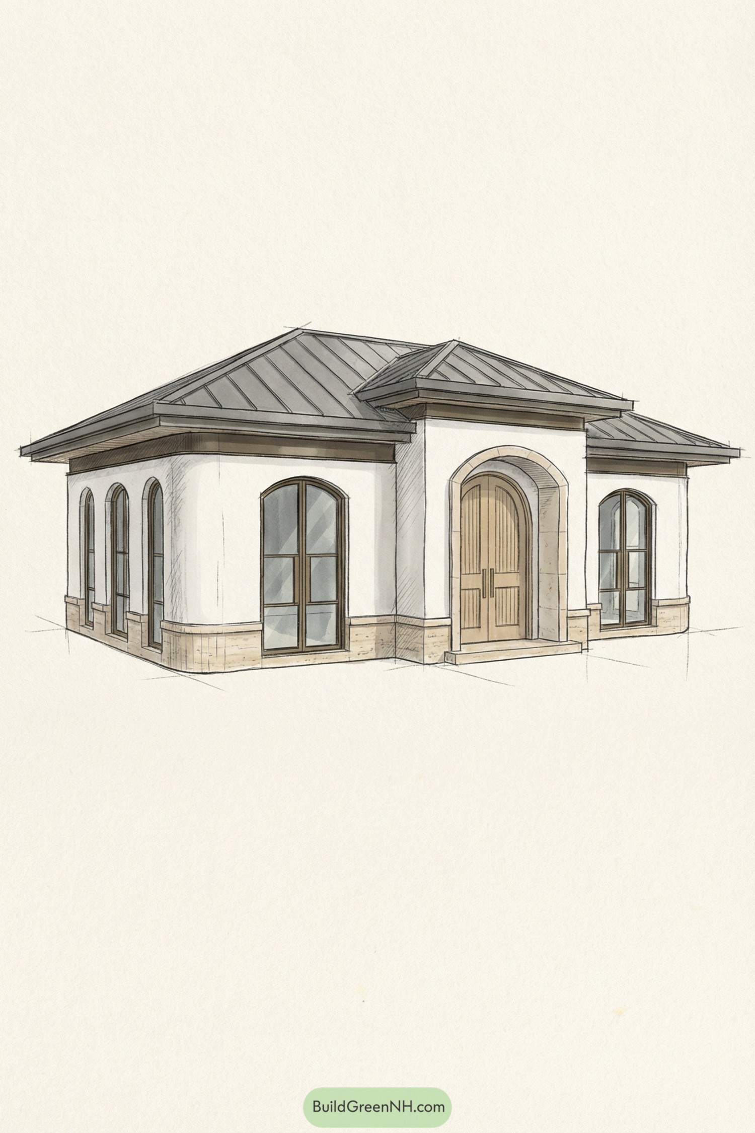Small stucco cottage with arched windows and metal hip roof