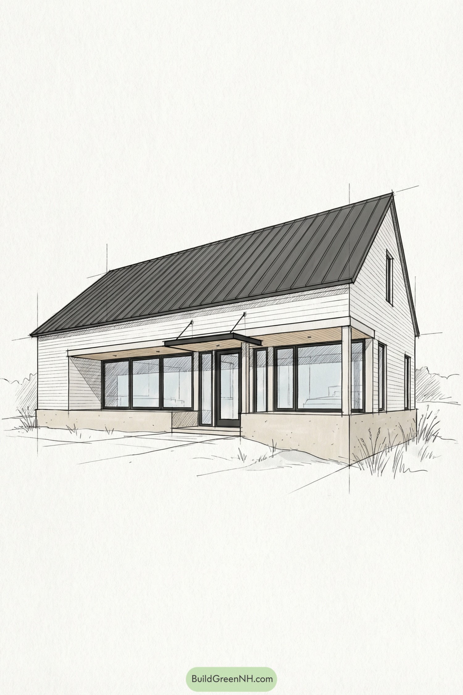 Sketch of a modern cottage with metal roof and wraparound windows