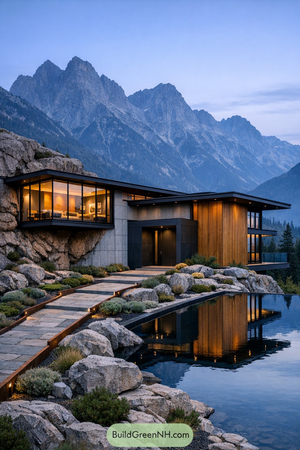 Modern mountainside home with glass walls, stone path, and reflecting pool