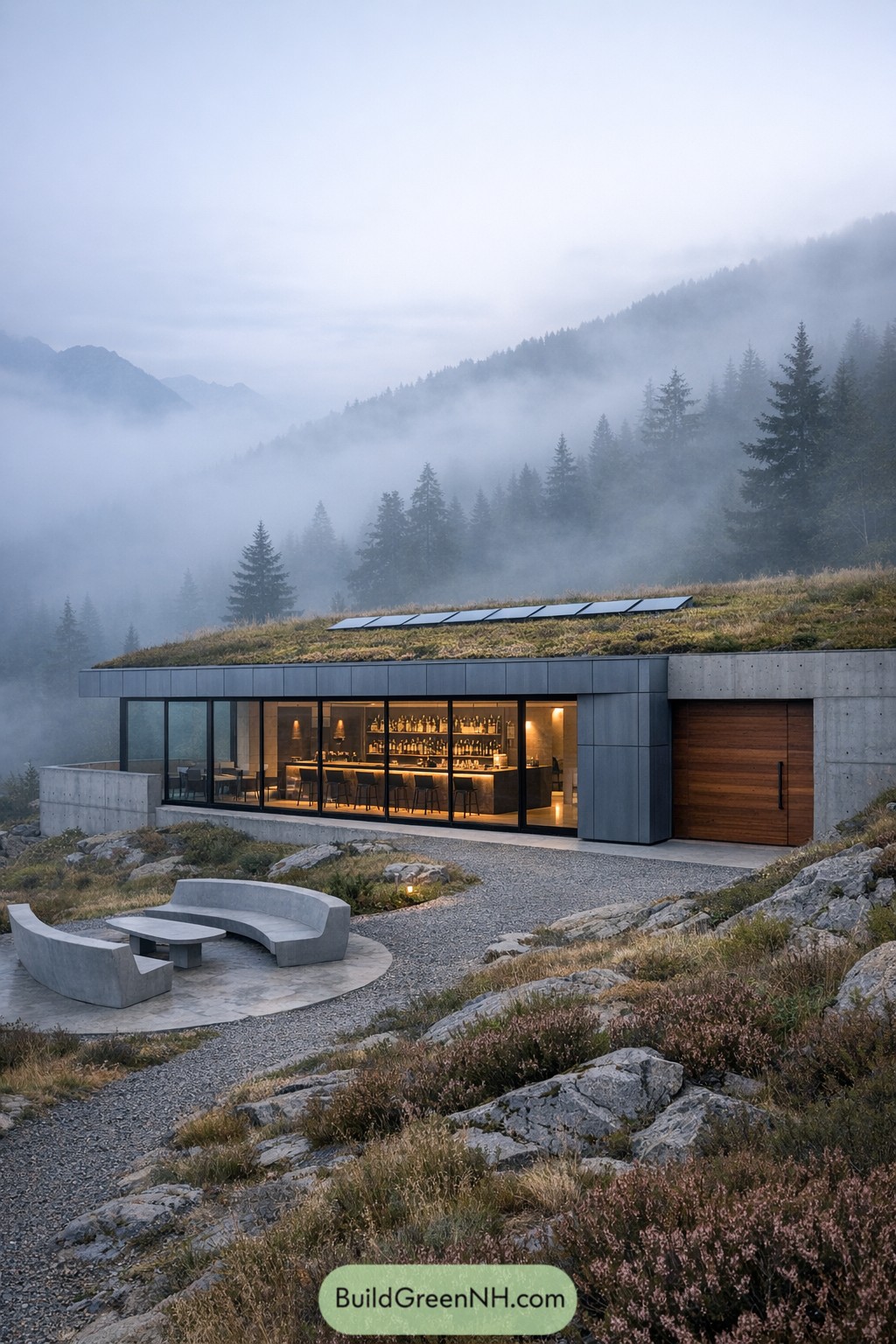 Modern mountain house with glass front, green roof, and outdoor stone seating area