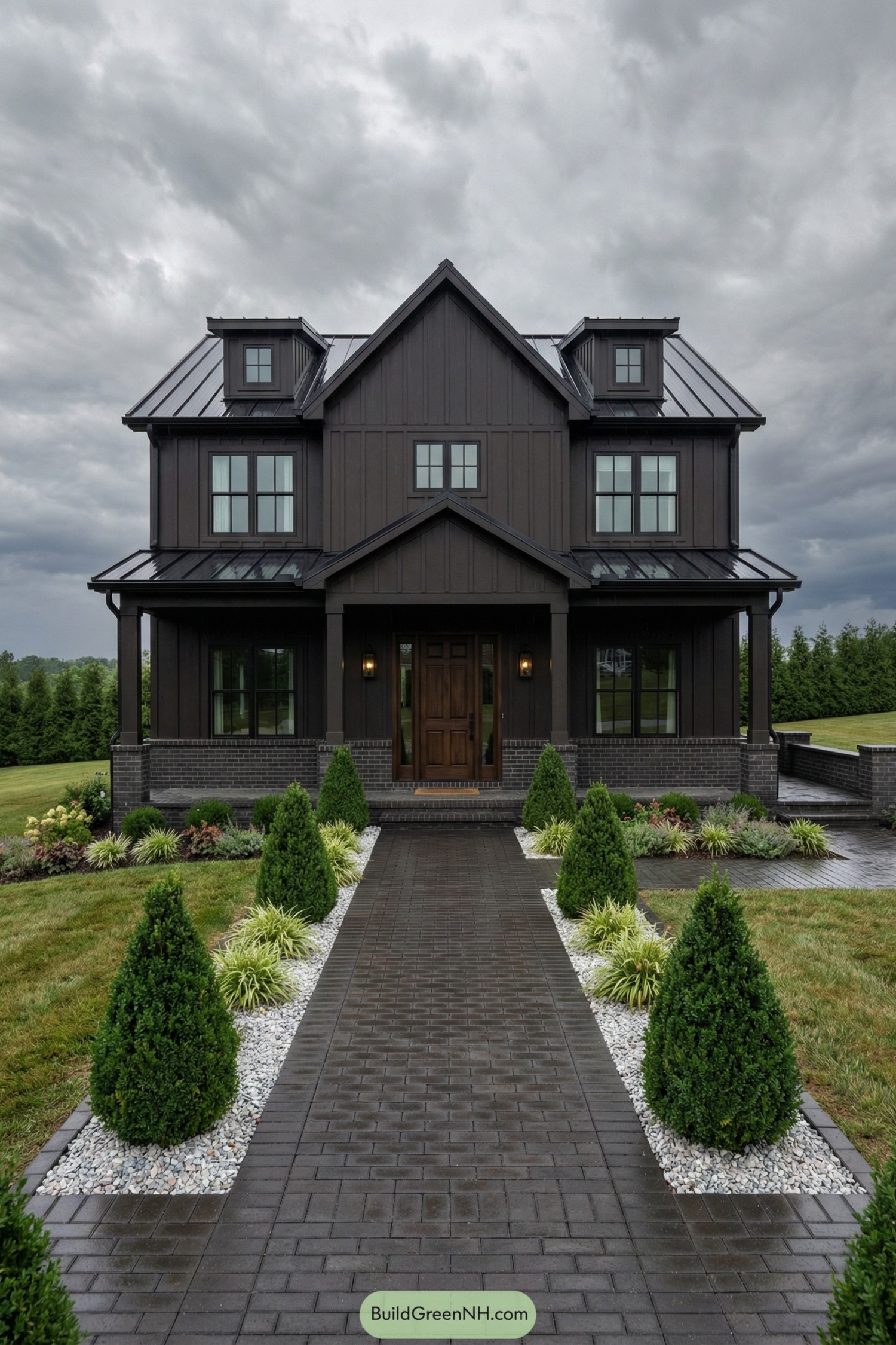 Dark modern barndominium with gabled roof