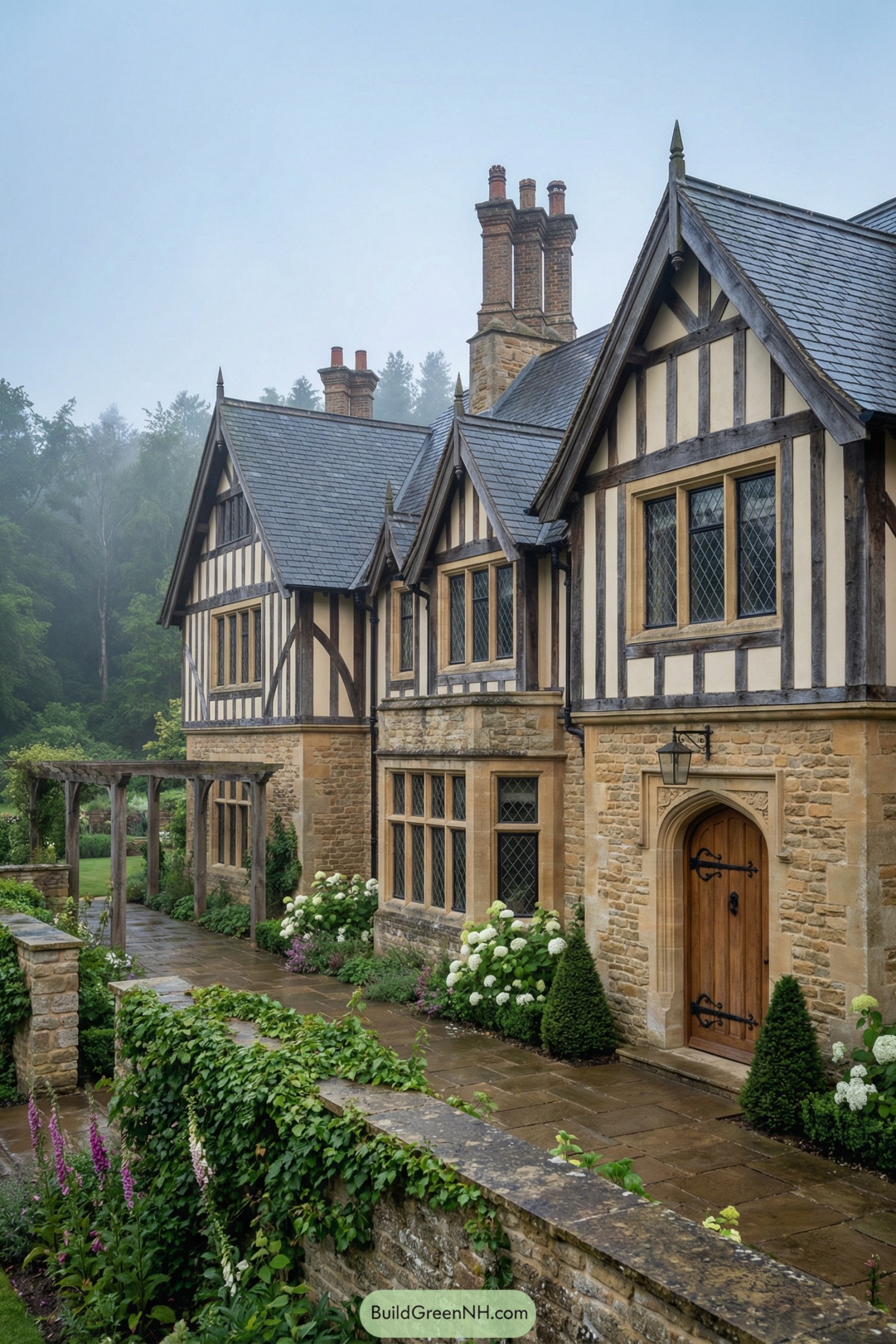 Tudor-style stone manor with timber accents and lush garden path