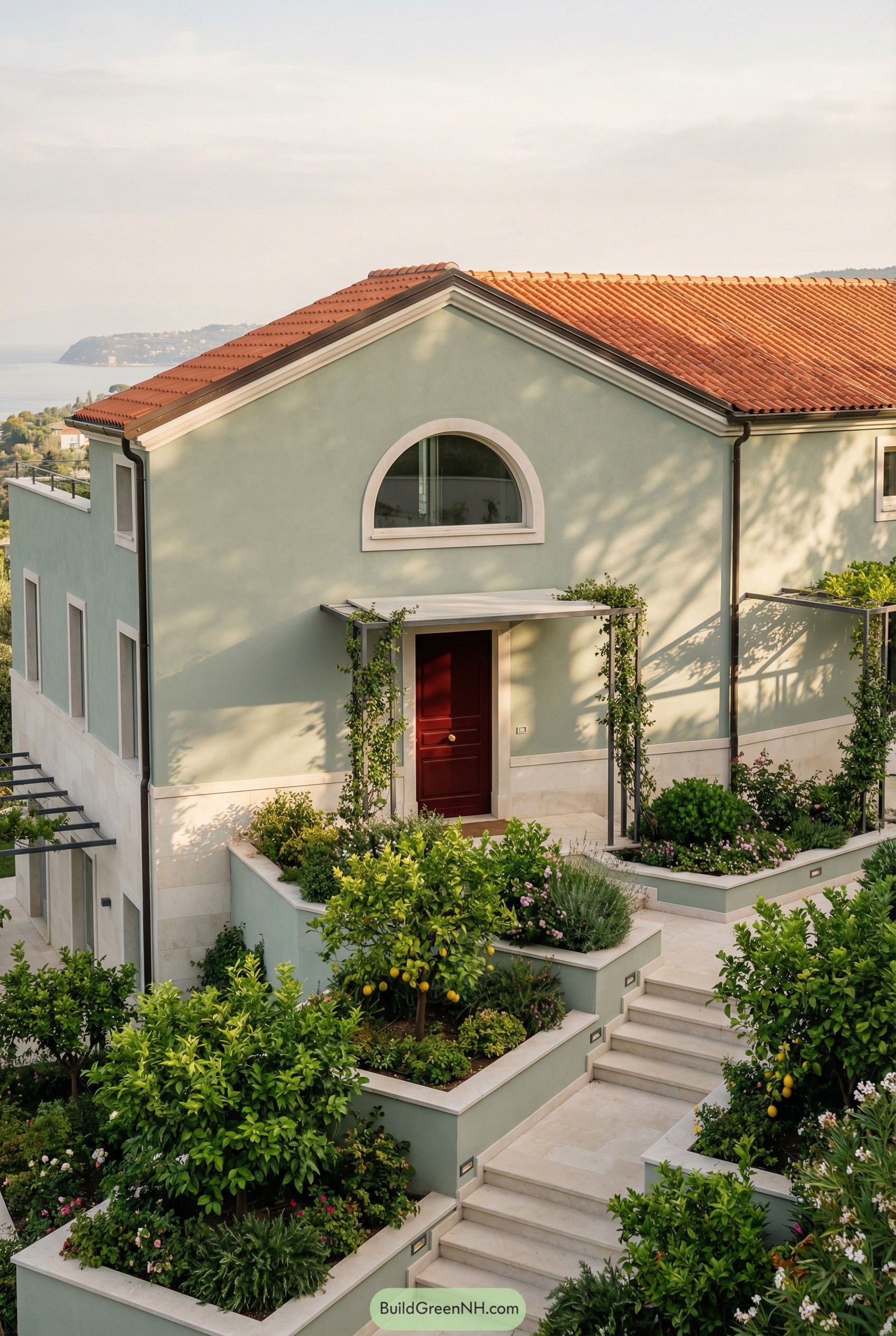Soft green Italian villa with terraced lemon gardens and stone steps leading to a red front door
