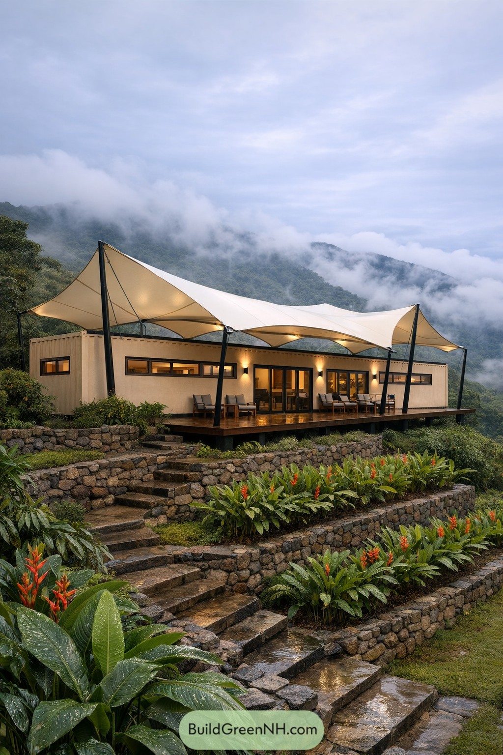 Modern container house with tensile fabric roof and stone terraces in a misty mountain landscape