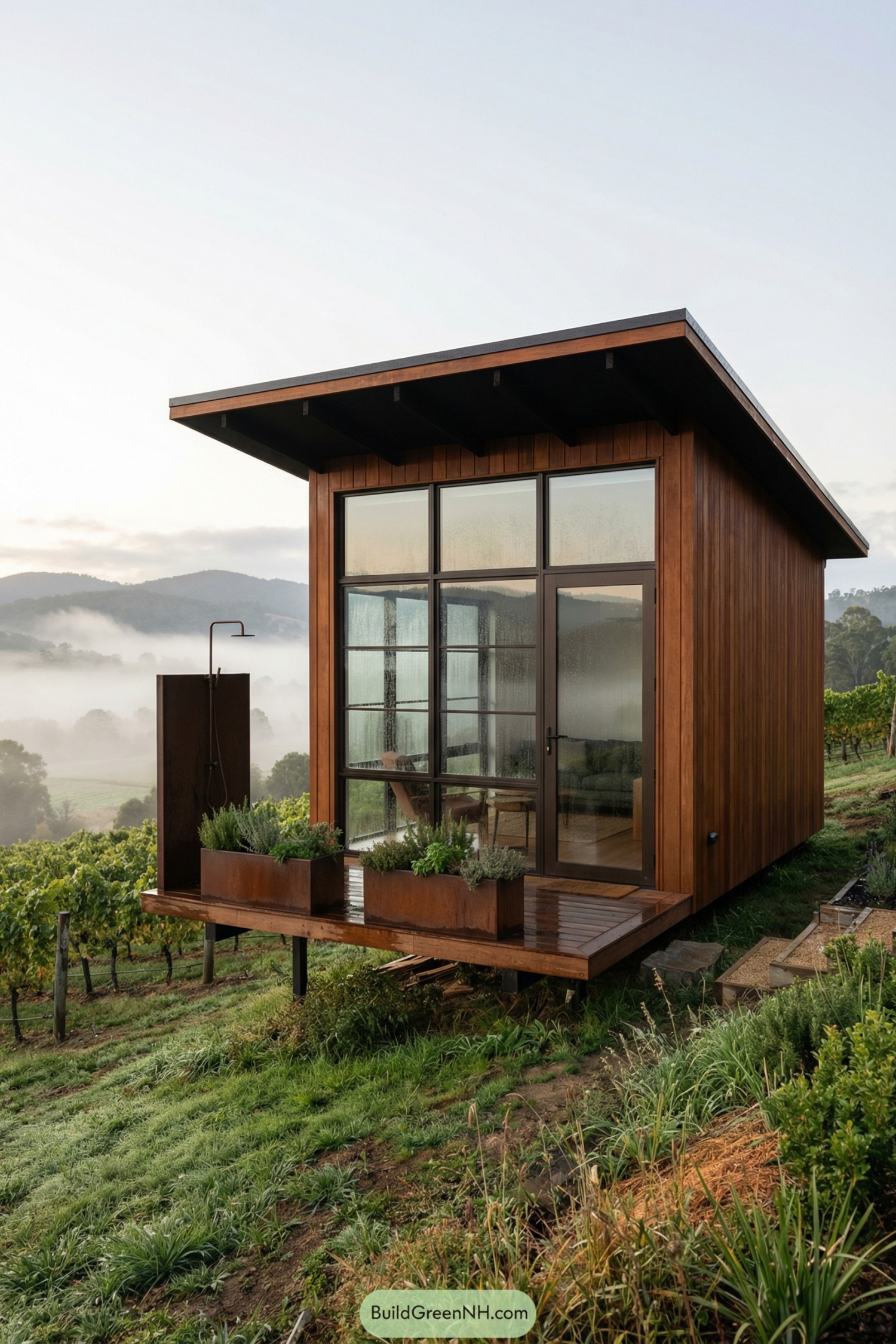 Small timber cabin with full-height glass wall overlooking misty vineyard hills