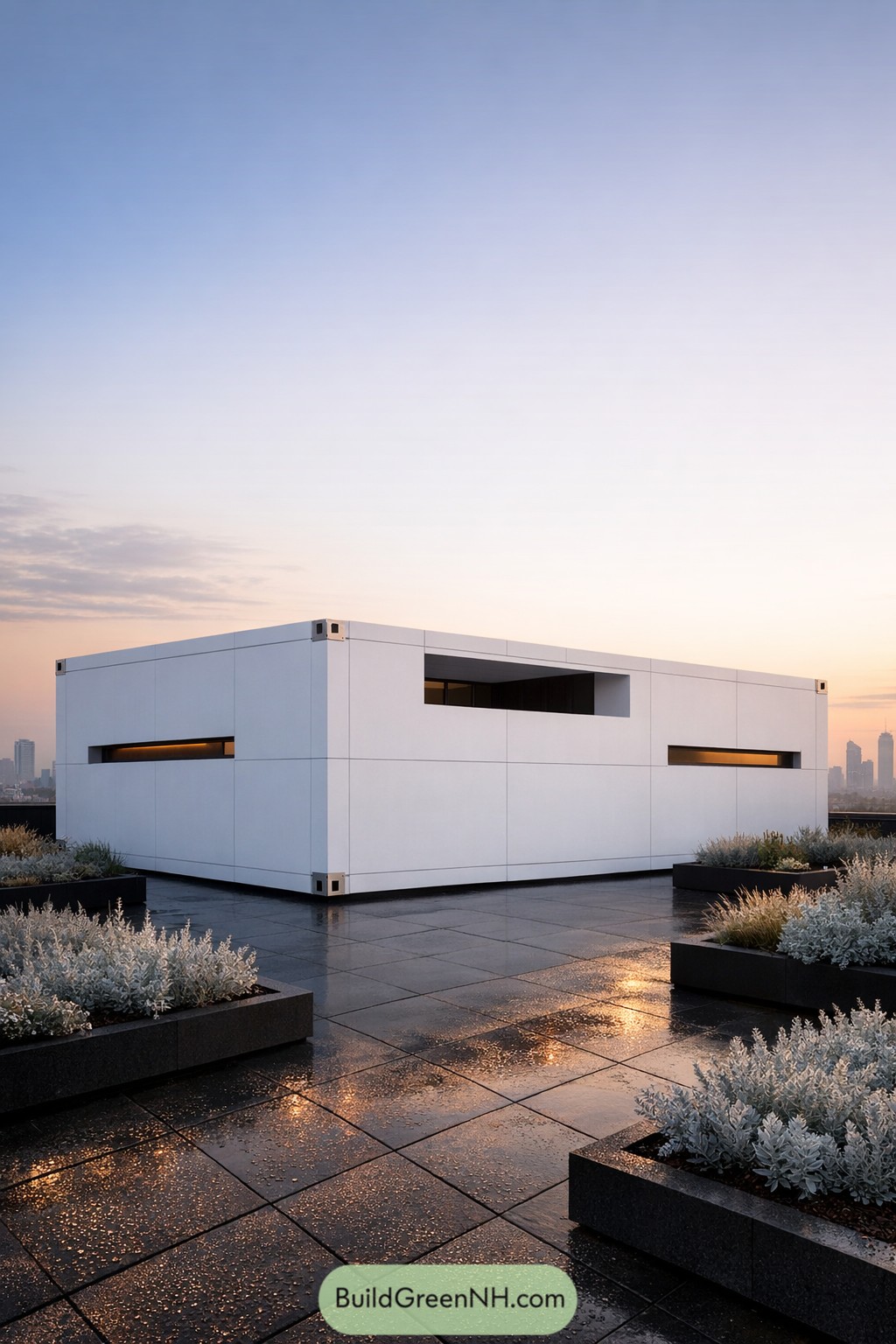 Modern off white container home on rooftop terrace at sunset
